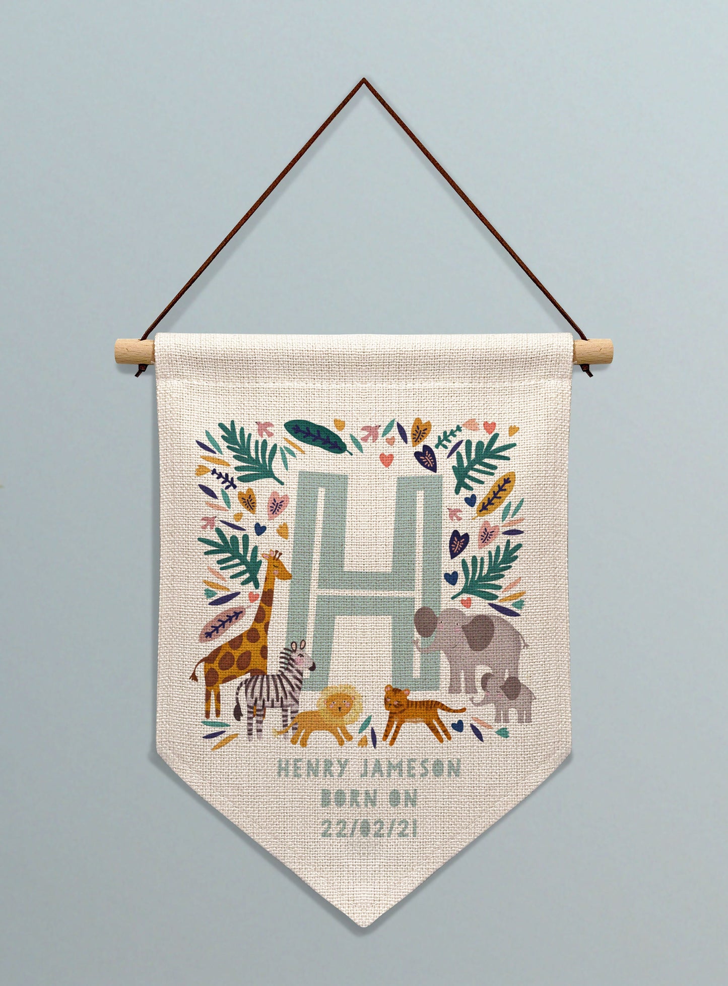 Safari Animal Initial Personalised Linen Banner. Personalised Nursery Banner.Personalised wall banner. Personalised gift for Baby.