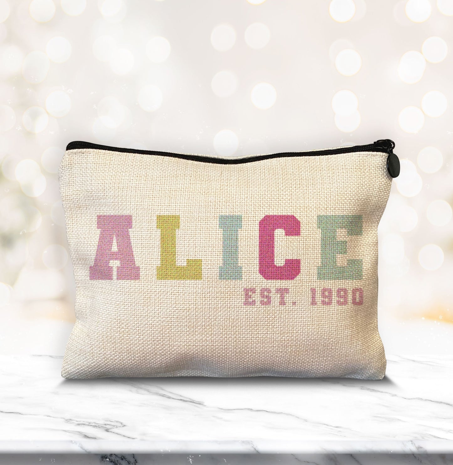 Personalised Bright Make Up Bag. Personalised Name and Year Make up bag. Personalised Gift. Cute Make Up Bag.