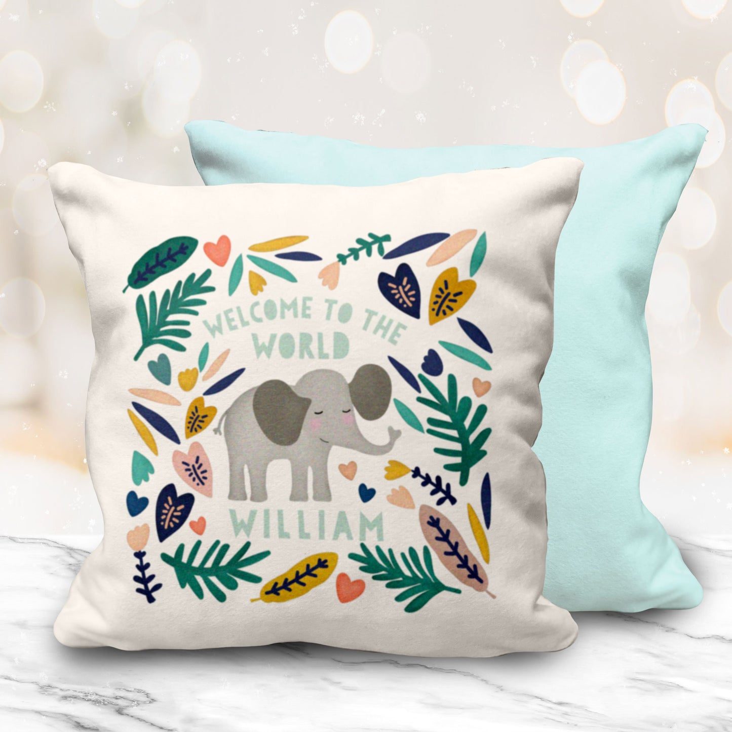 Welcome to the World Elephant Cushion 10" Cushion. Cute personalised pink or blue cushion. New baby gift. Nursery Gift.