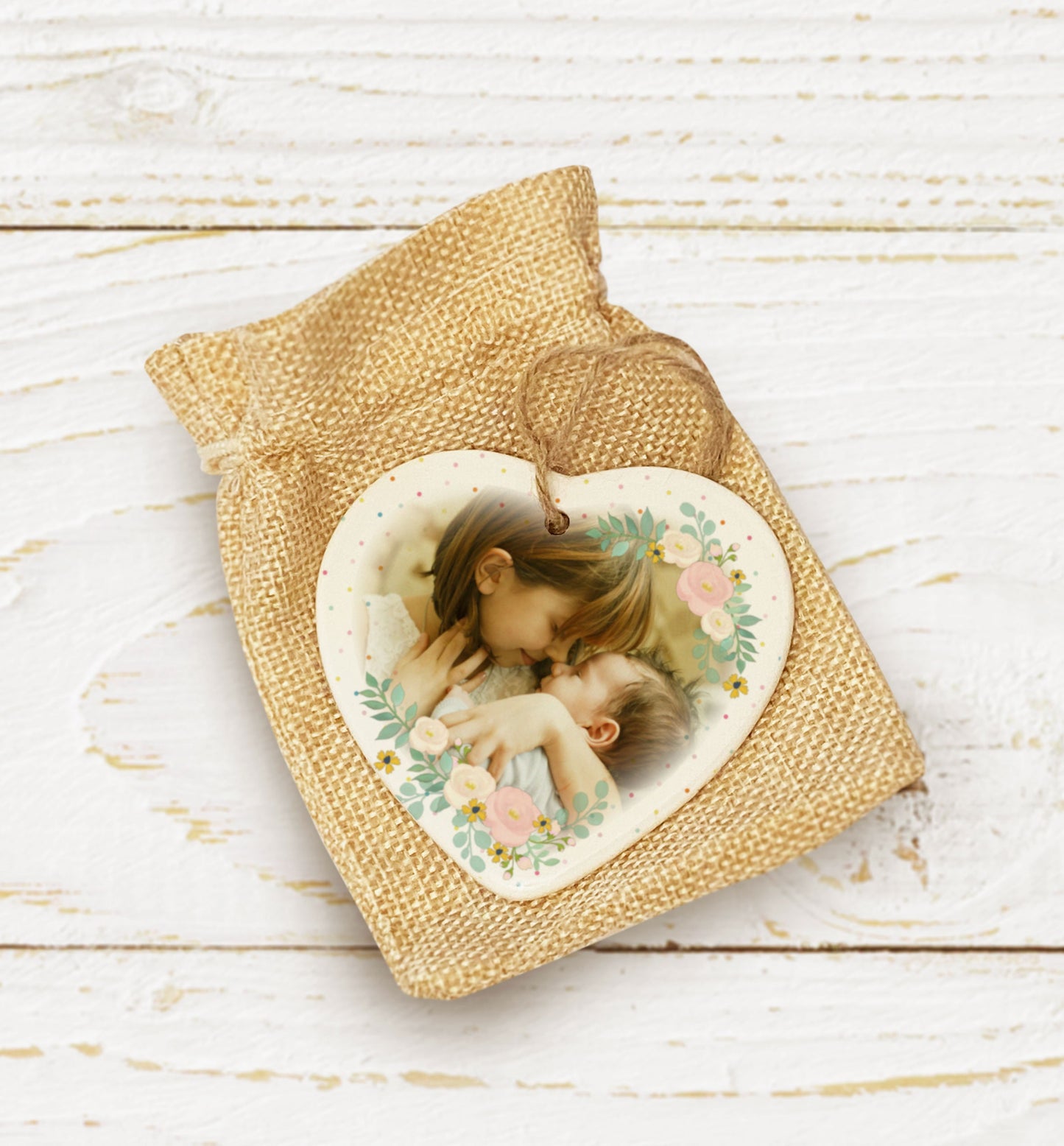 Floral Photo Ceramic Hanging Heart. Pretty Photo gift. Mother's Day Gift. Personalised Hanging Heart. Personalised Mother's Day Gift.