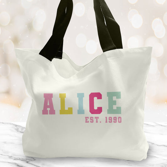 Personalised Name and Year Large Tote Bag. Large Shopping bag. Birthday Gift. Mother's Day Gift Unique Gift Idea. Cute Tote Bag.