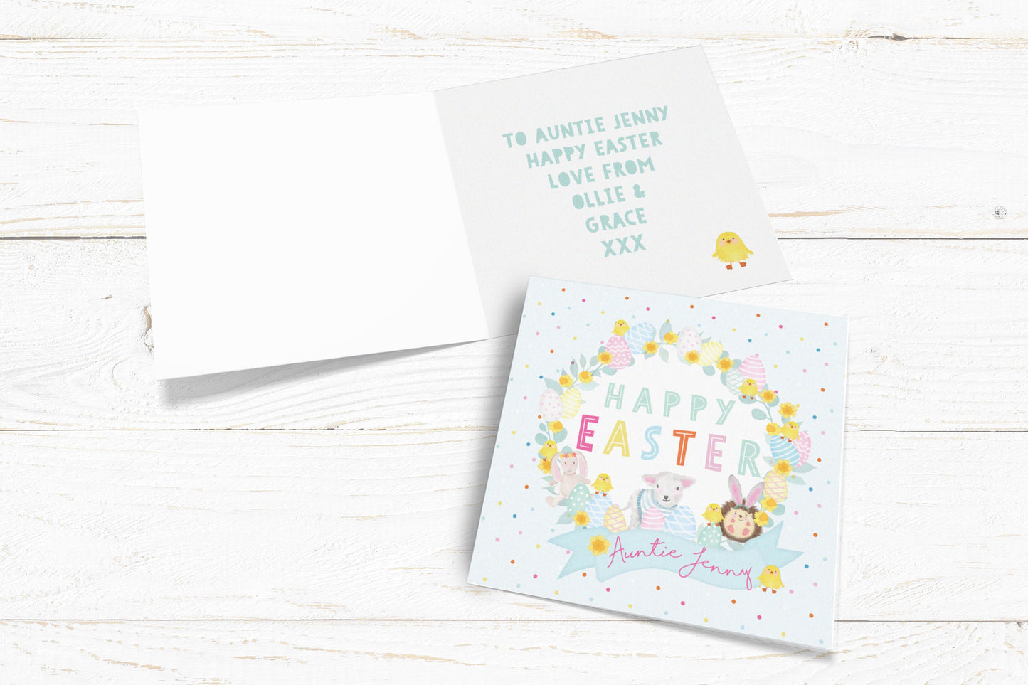 Happy Easter Wreath Card. Cute Easter Card. Personalised Happy Easter. Personalised Spring Time Card. Easter Bunny. Send Direct Option.