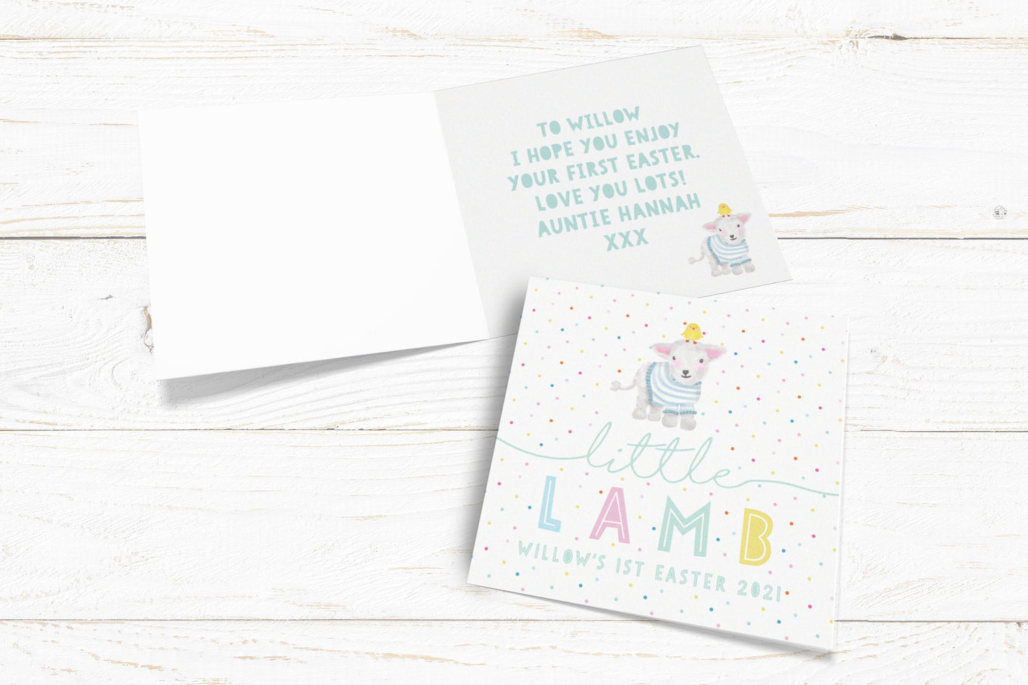 Little Lamb Personalised Card. First Easter Card. Personalised Baby Card. Personalised New Baby Card. Cute Lamb. Send Direct Option.