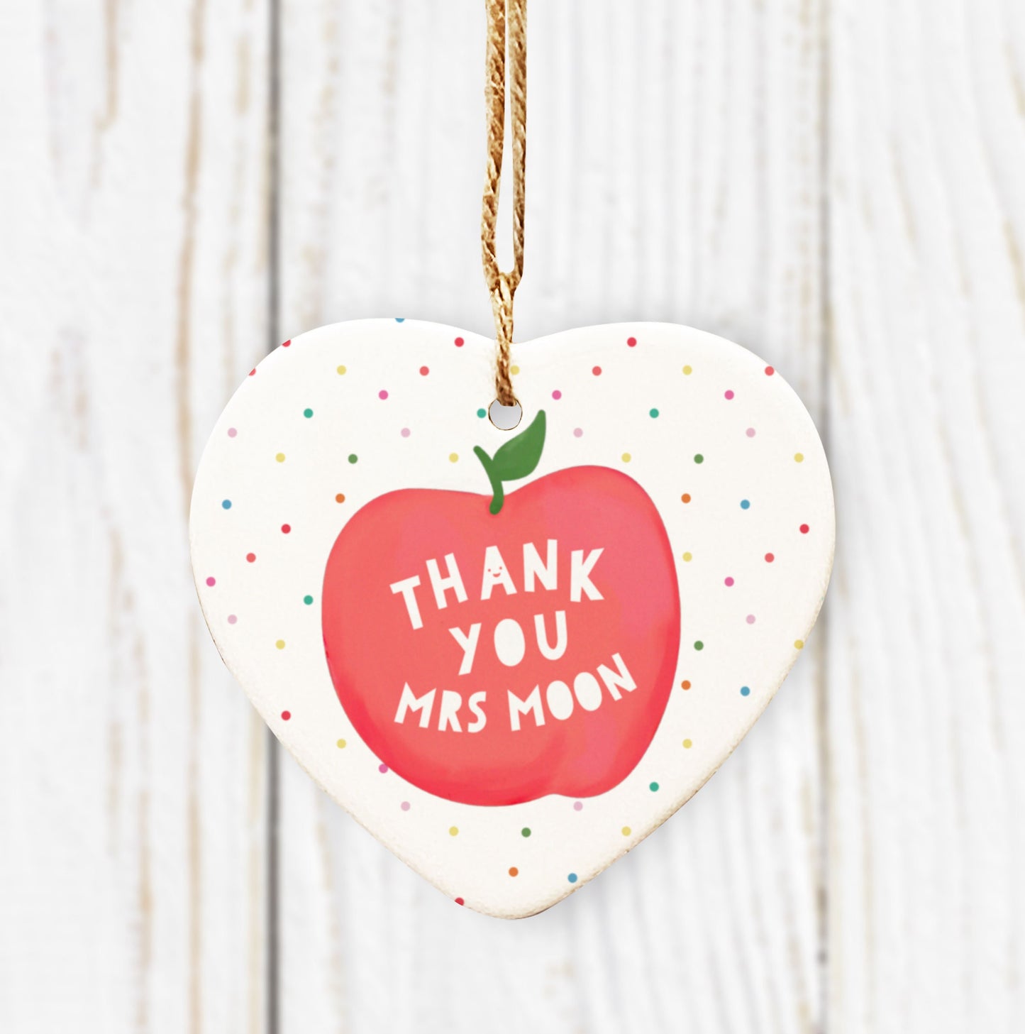 Thank You Teacher Apple Personalised Hanging Heart. Thank you teacher gift. Personalised Teacher Gift. Thank you gift. Ceramic ornament.