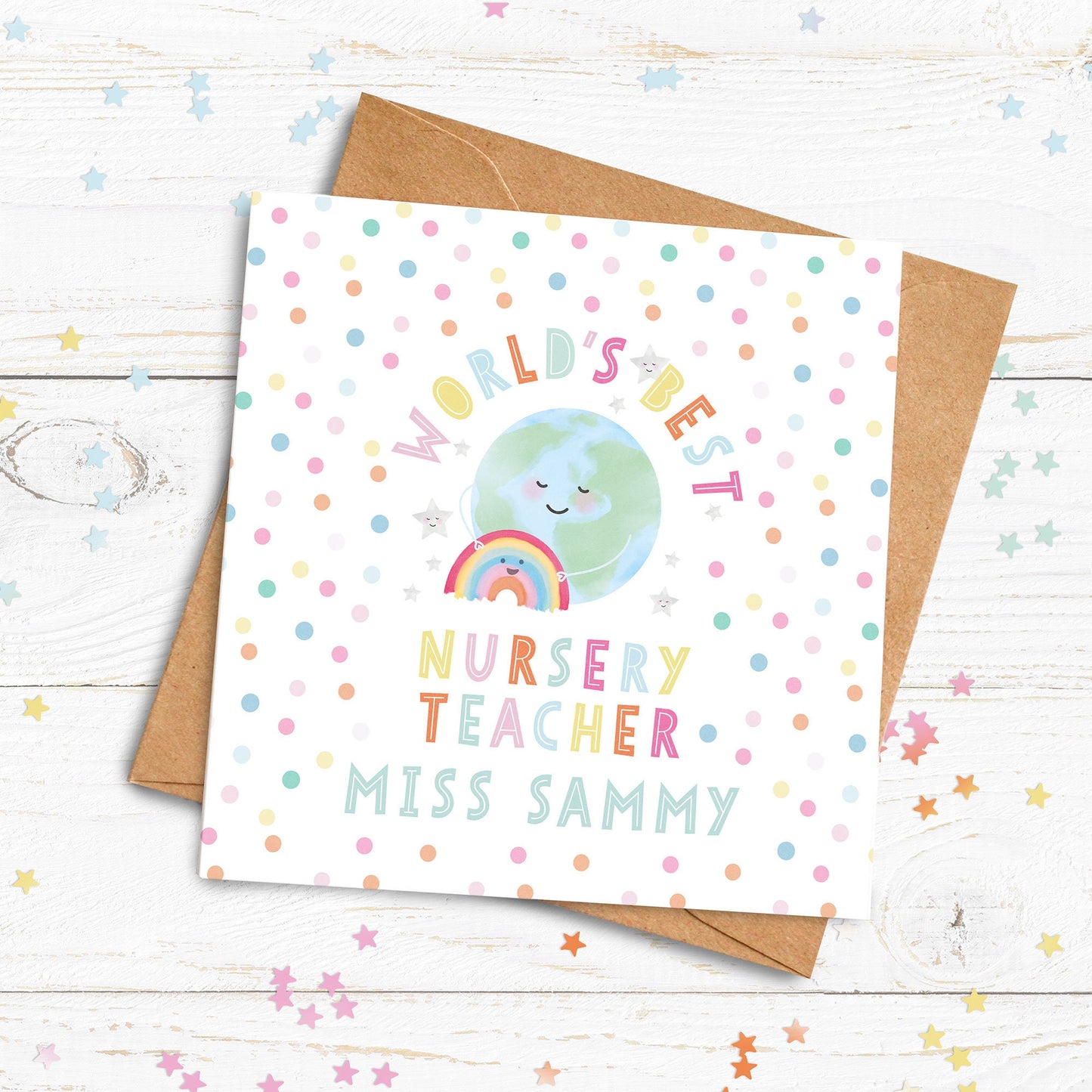 Cute World's Best Teacher, Teaching Assistant, Childminder, Nanny or Nursery Teacher Card. Thank you teacher card. Personalised Card