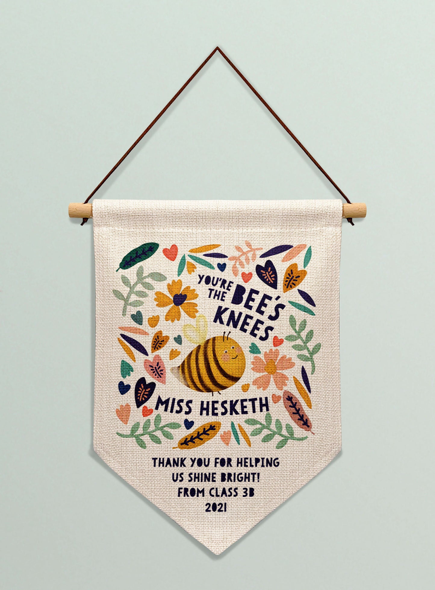 Bee's Knees Personalised Linen Banner. Personalised Teacher Gift .Personalised wall banner. Thank you teacher gift. Lockdown teacher.