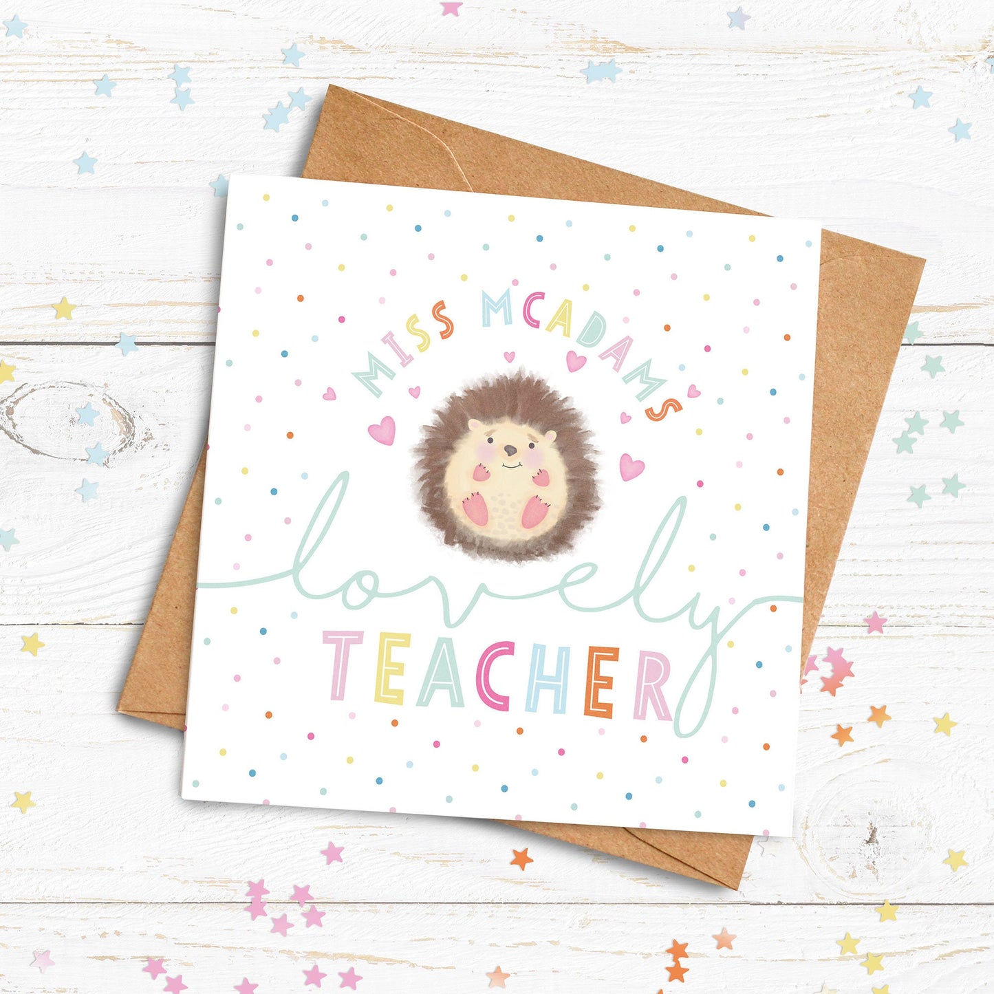 Hedgehog Lovely Teacher, Teaching Assistant, Childminder, Nanny or Nursery Teacher Card. Thank you teacher card. Personalised Card