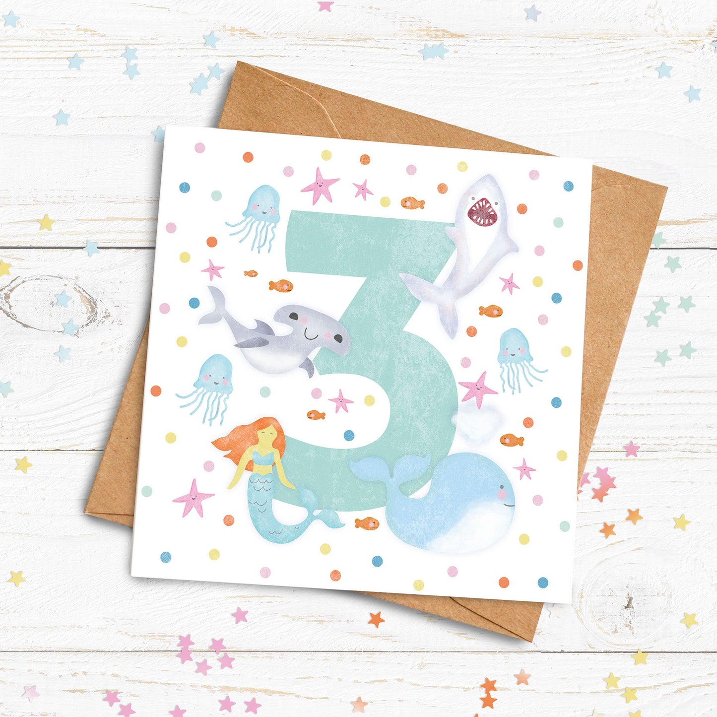 Under The Sea Age Card. Personalised Age Card. Cute Big Number Card. Cute Shark, Whale, Jellyfish, Mermaid Card. Send Direct Option.