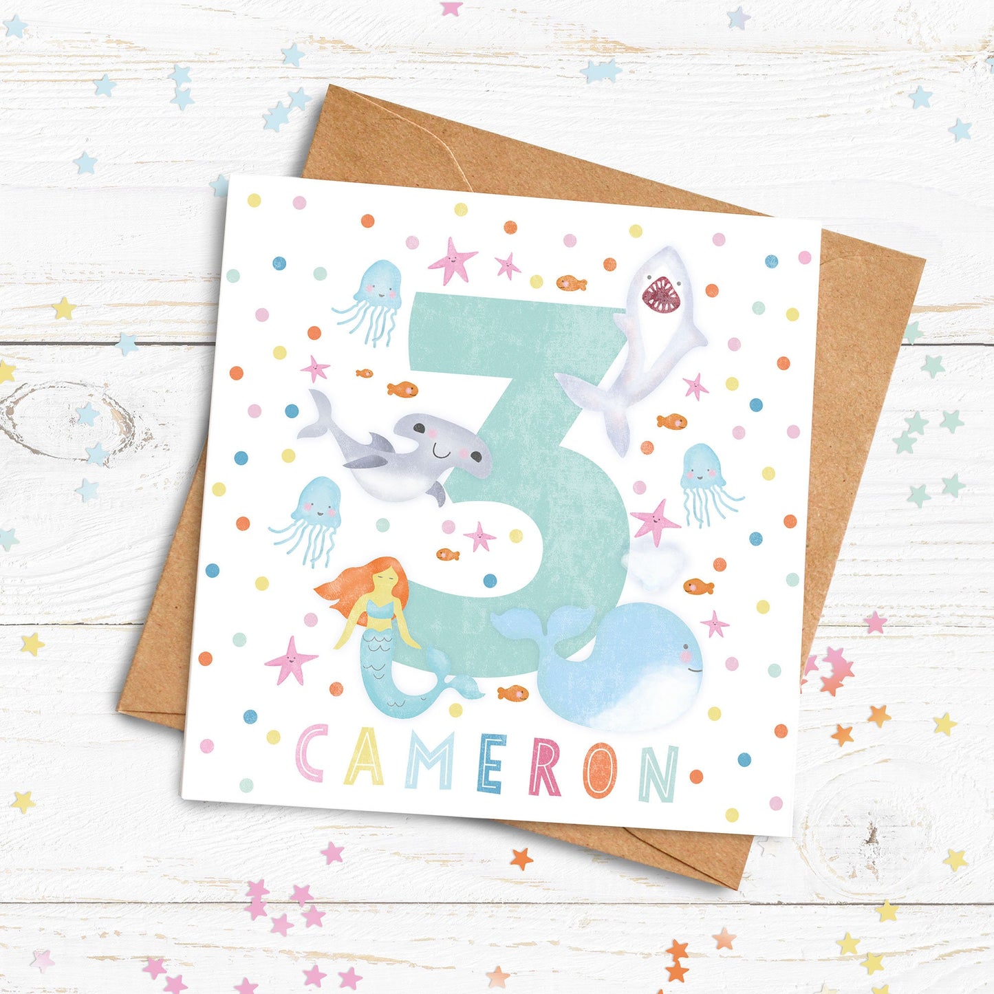 Under The Sea Age Card. Personalised Age Card. Cute Big Number Card. Cute Shark, Whale, Jellyfish, Mermaid Card. Send Direct Option.