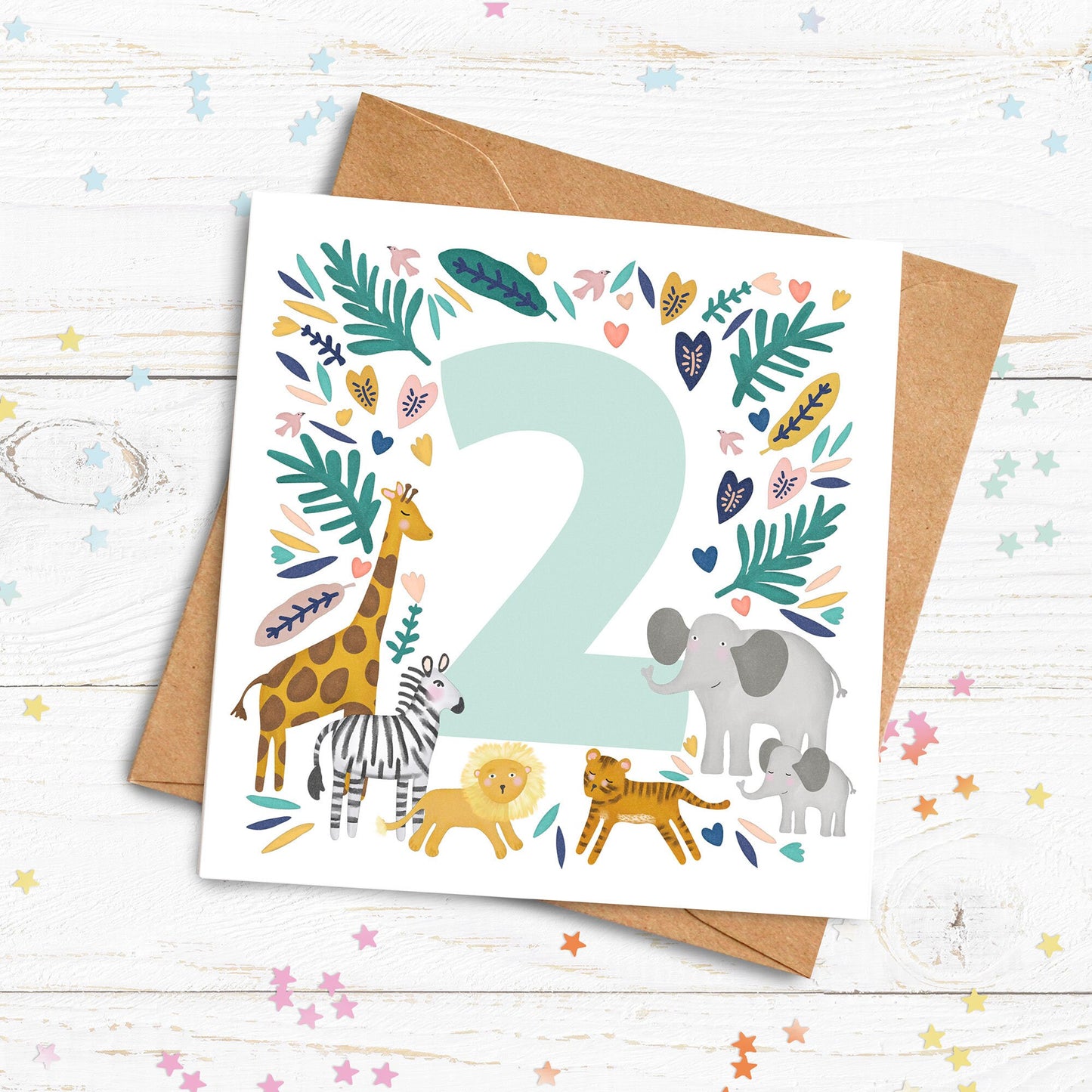 Animal Age Card. Personalised Age Card. Cute Big Number Card. Cute Safari Animals personalised card. Send Direct Option.