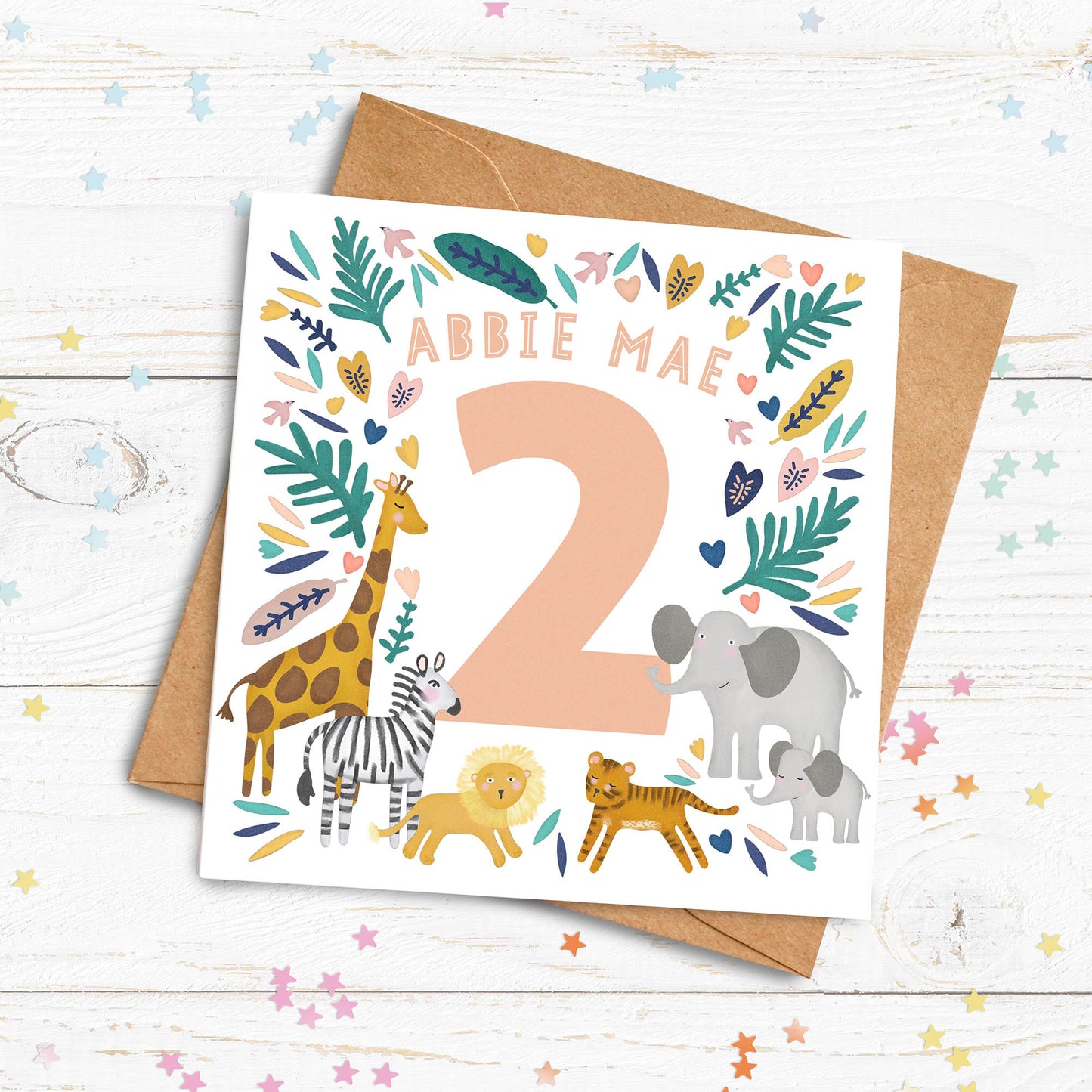 Animal Age Card. Personalised Age Card. Cute Big Number Card. Cute Safari Animals personalised card. Send Direct Option.