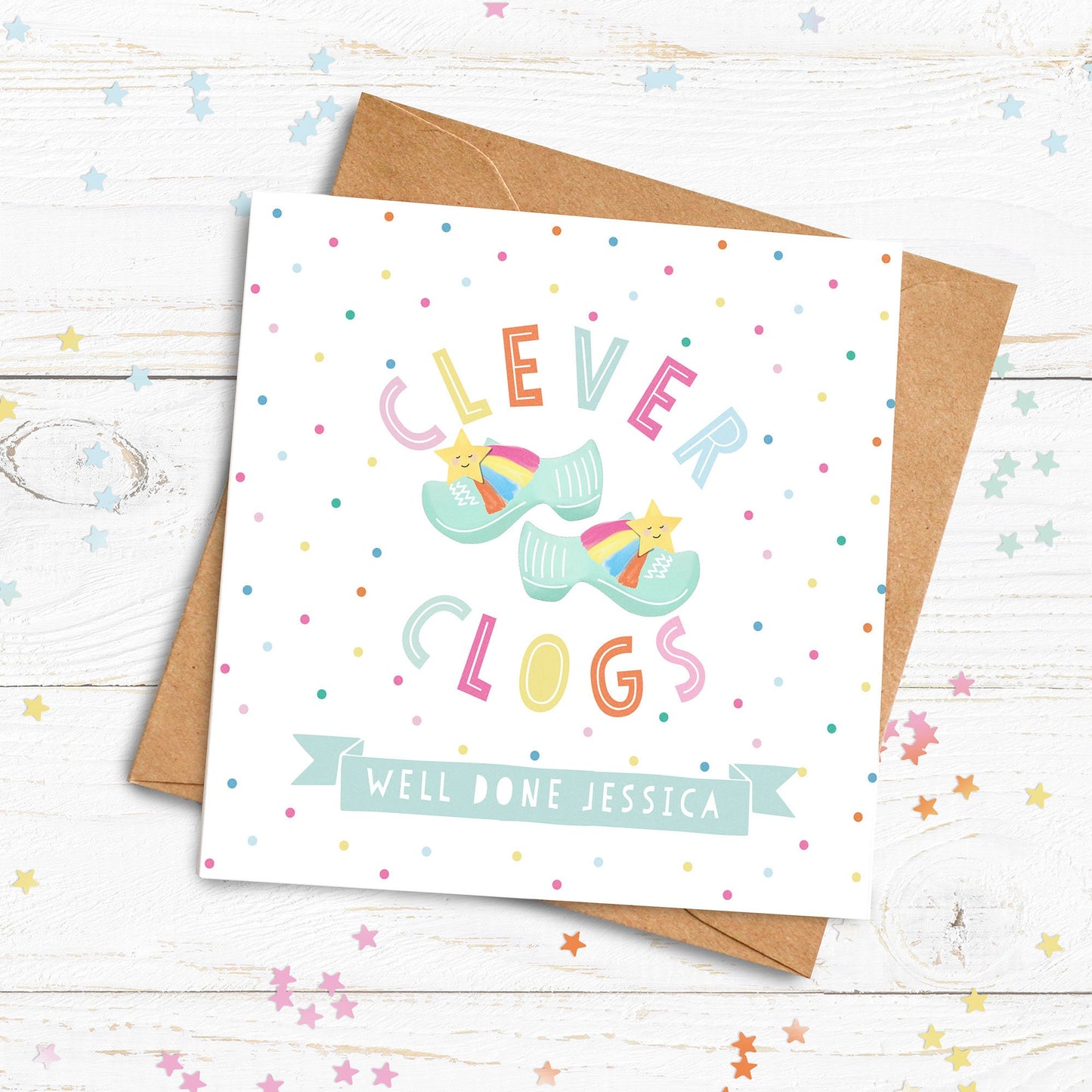 Clever Clogs Personalised Card. Congratulations Card. Passing Exams Card. Well Done. Graduation card. New Job Card. Send Direct Option