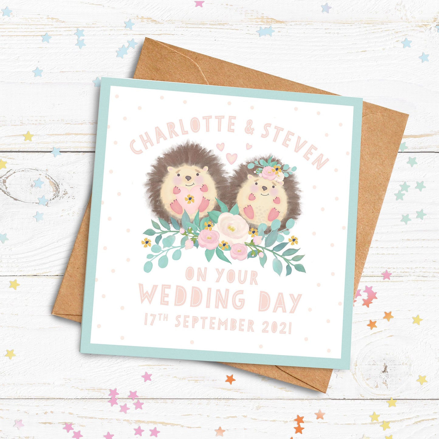 Hedgehog Wedding Day Personalised Card. Wedding Card. Congratulations on your wedding personalised card. Send Direct Option.