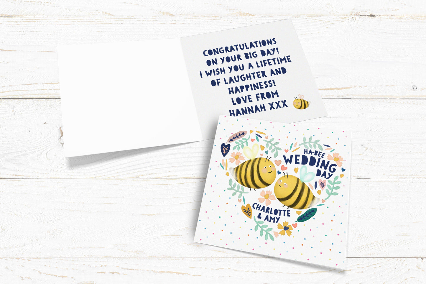 Ha-Bee Wedding Day Personalised Card. Wedding Bee Card. Congratulations on your wedding personalised card. Send Direct Option.