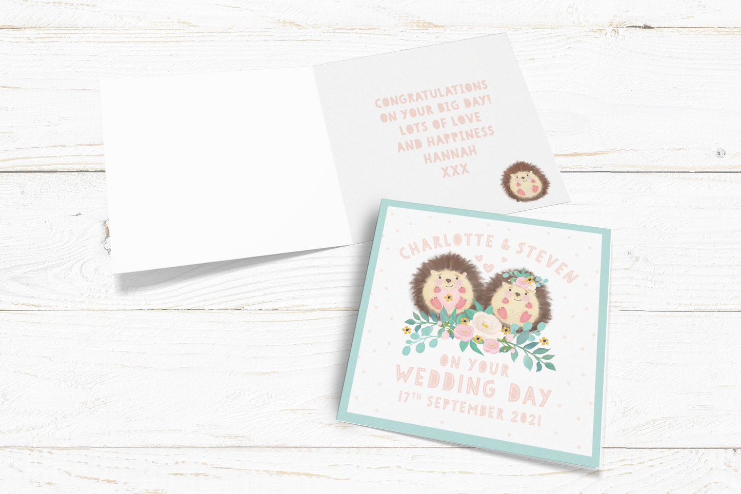 Hedgehog Wedding Day Personalised Card. Wedding Card. Congratulations on your wedding personalised card. Send Direct Option.