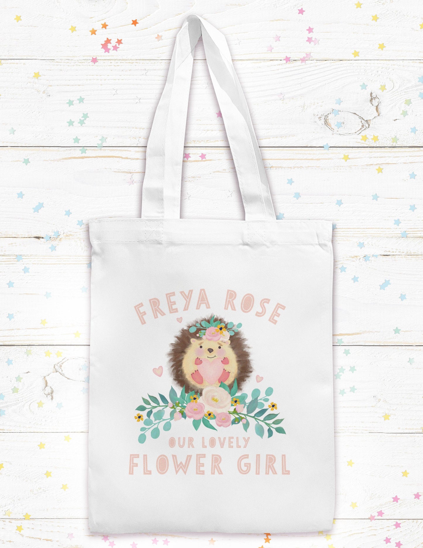 Our Lovely Bridesmaid Hedgehog Personalised Tote Bag. Flower Girl tote bag. Wedding Gift bag. Personalised Wedding Tote bag. Wedding favour.