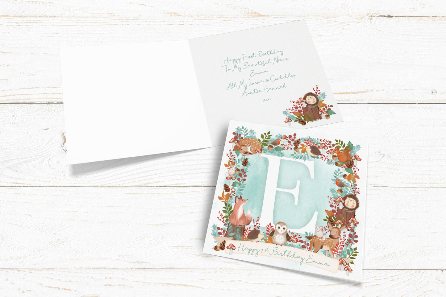 Woodland Animal Initial Card. Cute Animal Card. Hello world Card. Naming Day card. Christening. First Birthday Card. Send Direct Option.