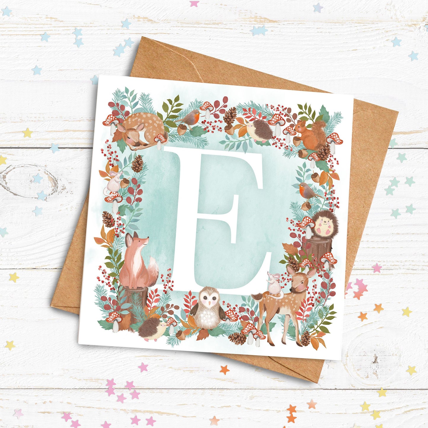 Woodland Animal Initial Card. Cute Animal Card. Hello world Card. Naming Day card. Christening. First Birthday Card. Send Direct Option.
