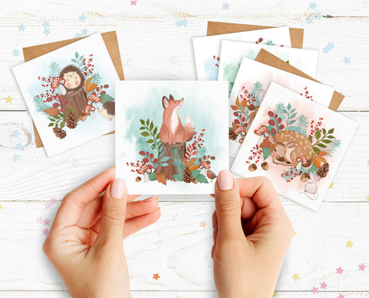Woodland Animals Cards. Pack of cards. 6 Cute Woodland Animal Cards. 6 Blank Cards and Envelopes.