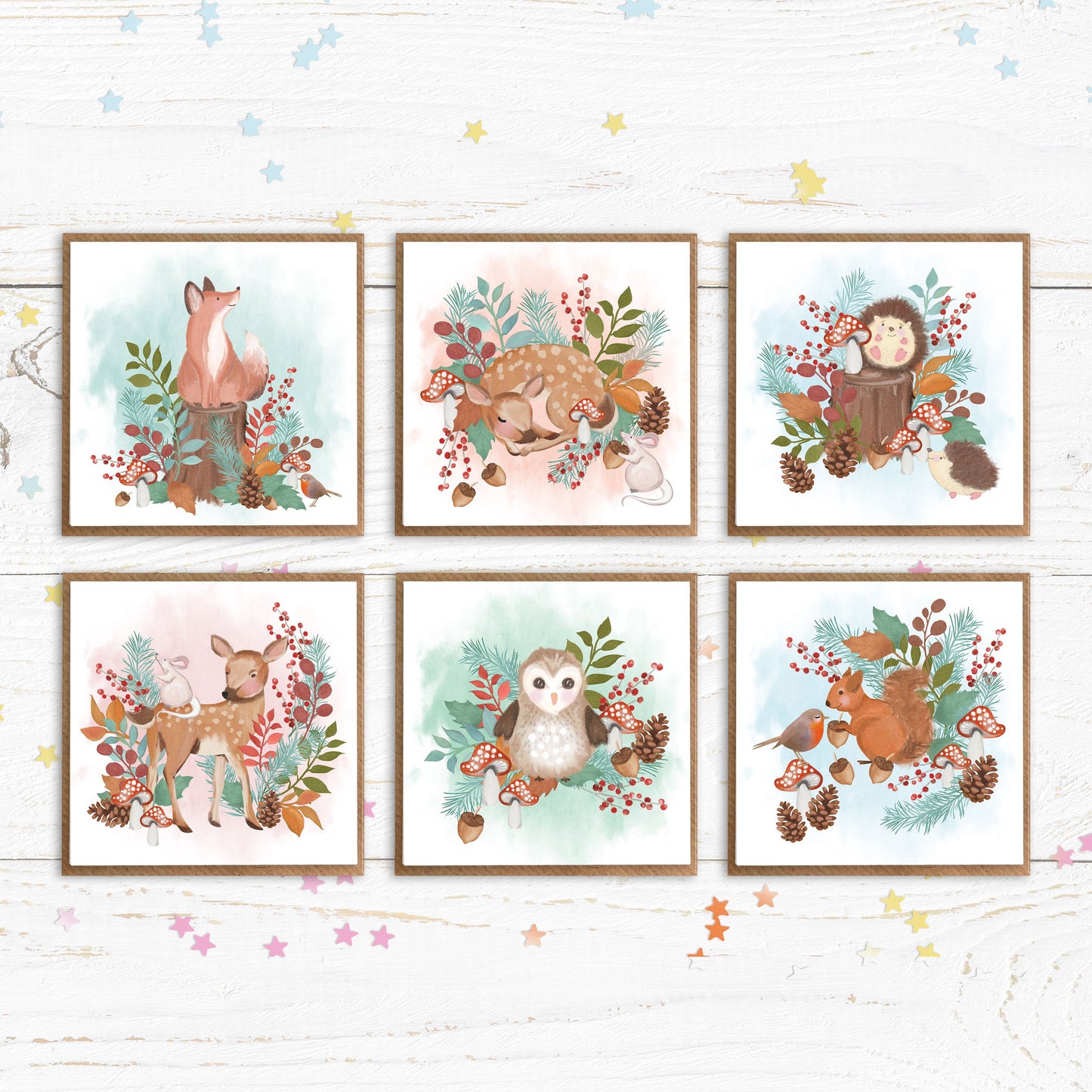Woodland Animals Cards. Pack of cards. 6 Cute Woodland Animal Cards. 6 Blank Cards and Envelopes.