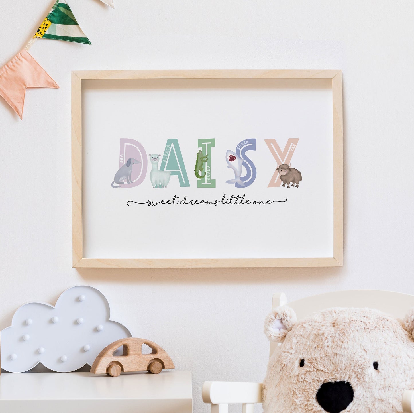 Animal Alphabet Name Print. Nursery Childs Bedroom. New Baby Gift. Personalised Name Print. Child's Birthday Present. Naming Day Wall Art.