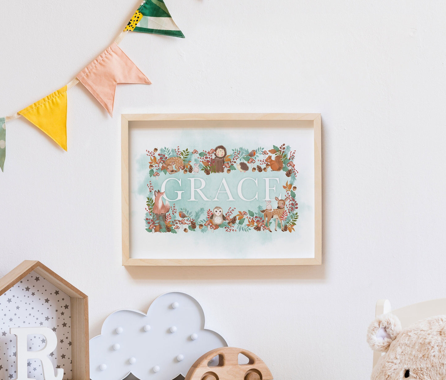 Woodland Animal Name Print. Nursery Childs Bedroom. New Baby Gift. Personalised Name Print. Child's Birthday Present. Naming Day Wall Art.