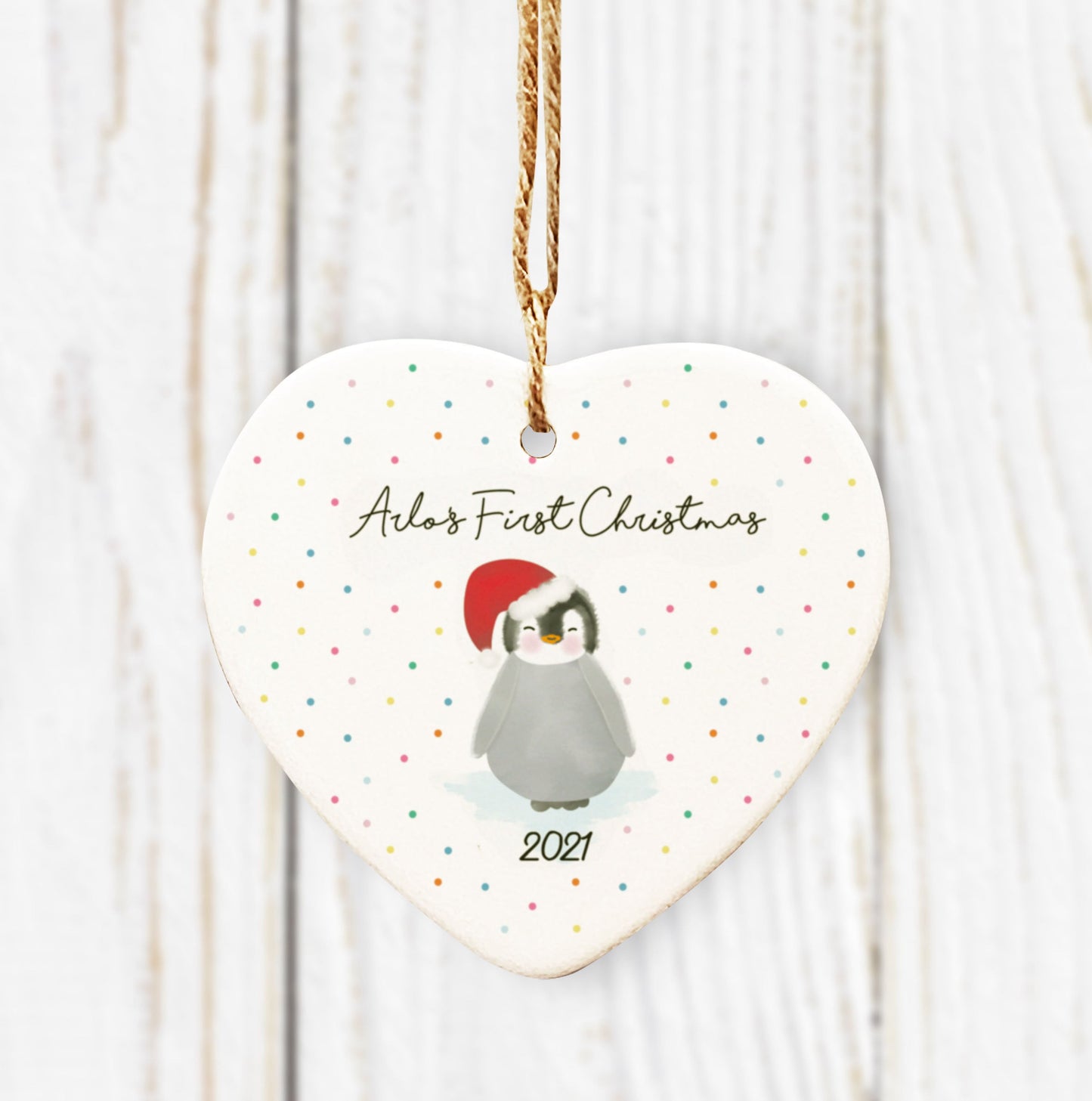 Personalised My First Christmas / Merry Christmas Hanging Ceramic Heart. Cute Penguin Decoration. New Baby Gift. Baby's First Christmas.