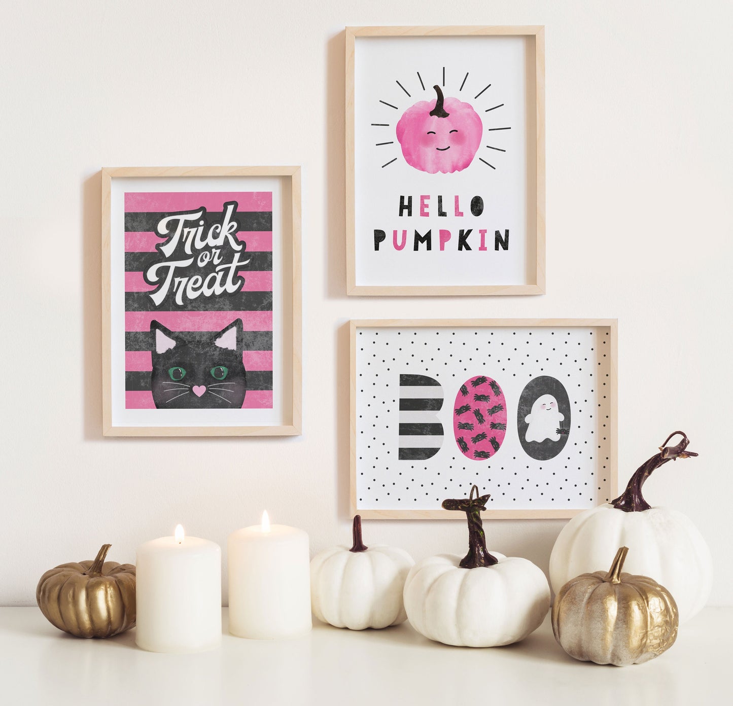 3 Cute Halloween A4 Print Bundle. Pumpkin Print. Cute Boo Print. Cute Cat print. Autumn Prints. Cute Children's Room Print Bundle.