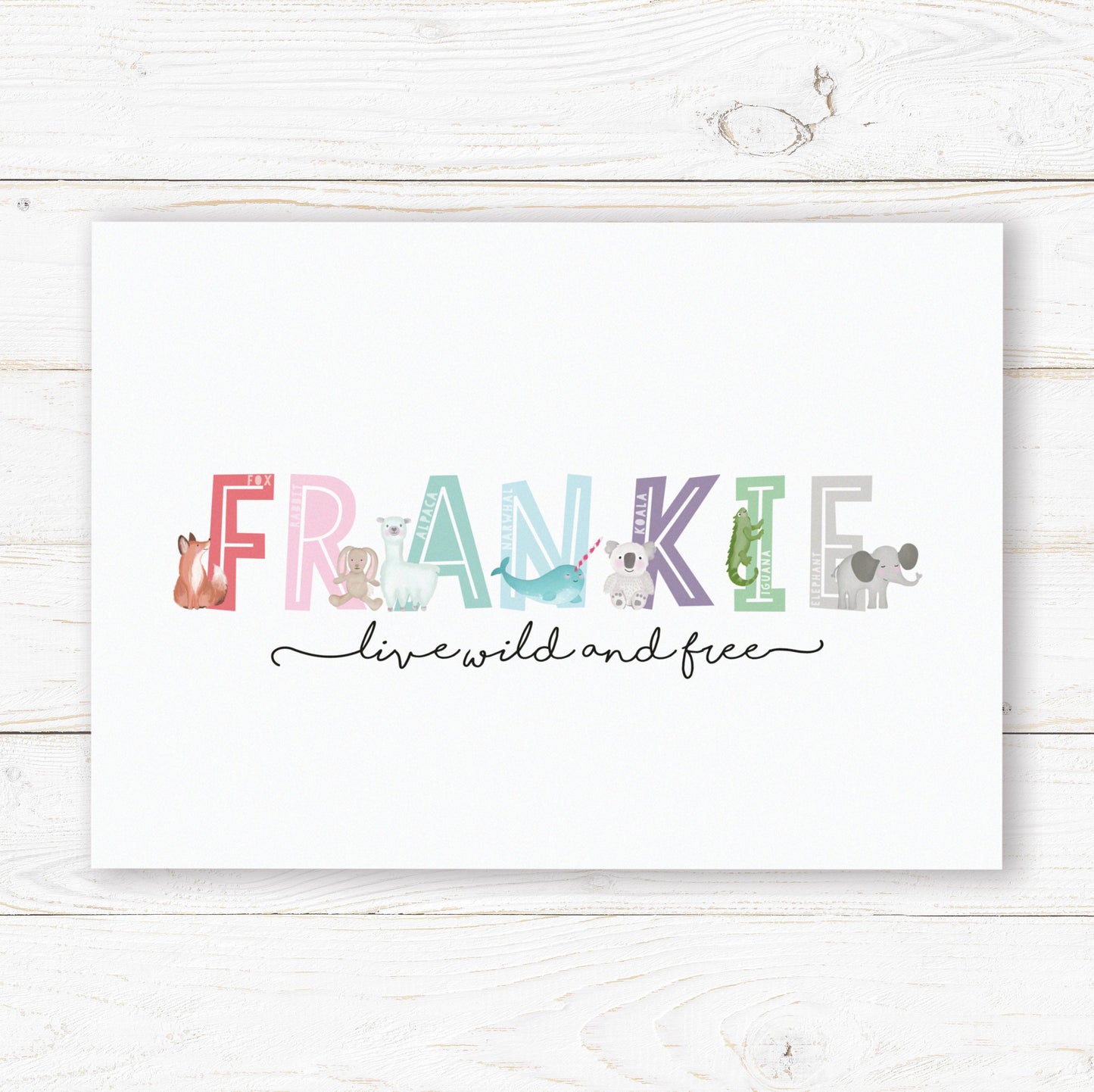 Animal Alphabet Name Print. Nursery Childs Bedroom. New Baby Gift. Personalised Name Print. Child's Birthday Present. Naming Day Wall Art.