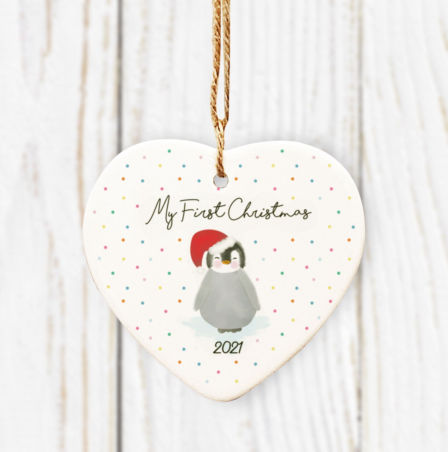 Personalised My First Christmas / Merry Christmas Hanging Ceramic Heart. Cute Penguin Decoration. New Baby Gift. Baby's First Christmas.