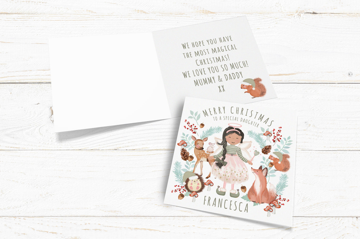 Personalised Woodland Christmas Fairy Card. Any skin tone and hair colour Fairy. Special Daughter, Granddaughter, Niece Card.