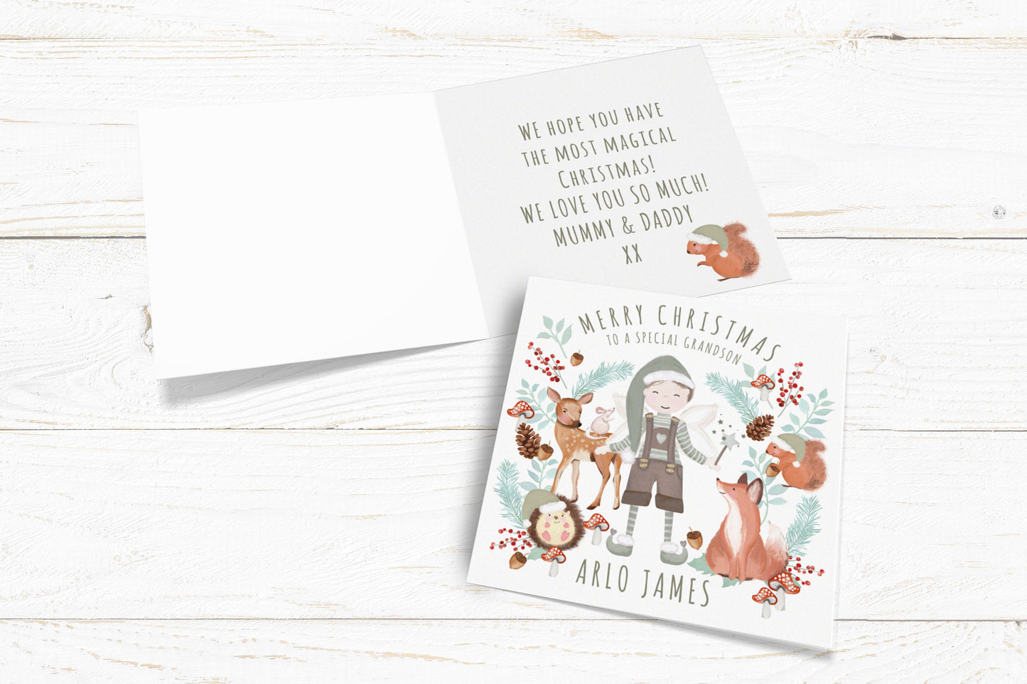 Personalised Woodland Christmas Elf Card. Any skin tone and hair colour Elf. Special son, Grandson, Nephew, Brother Card.