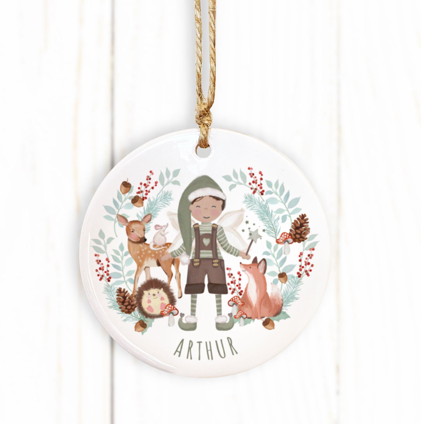 Personalised Woodland Christmas Elf Bauble. Any skin tone and hair colour Elf. Personalised Christmas Tree Decoration.