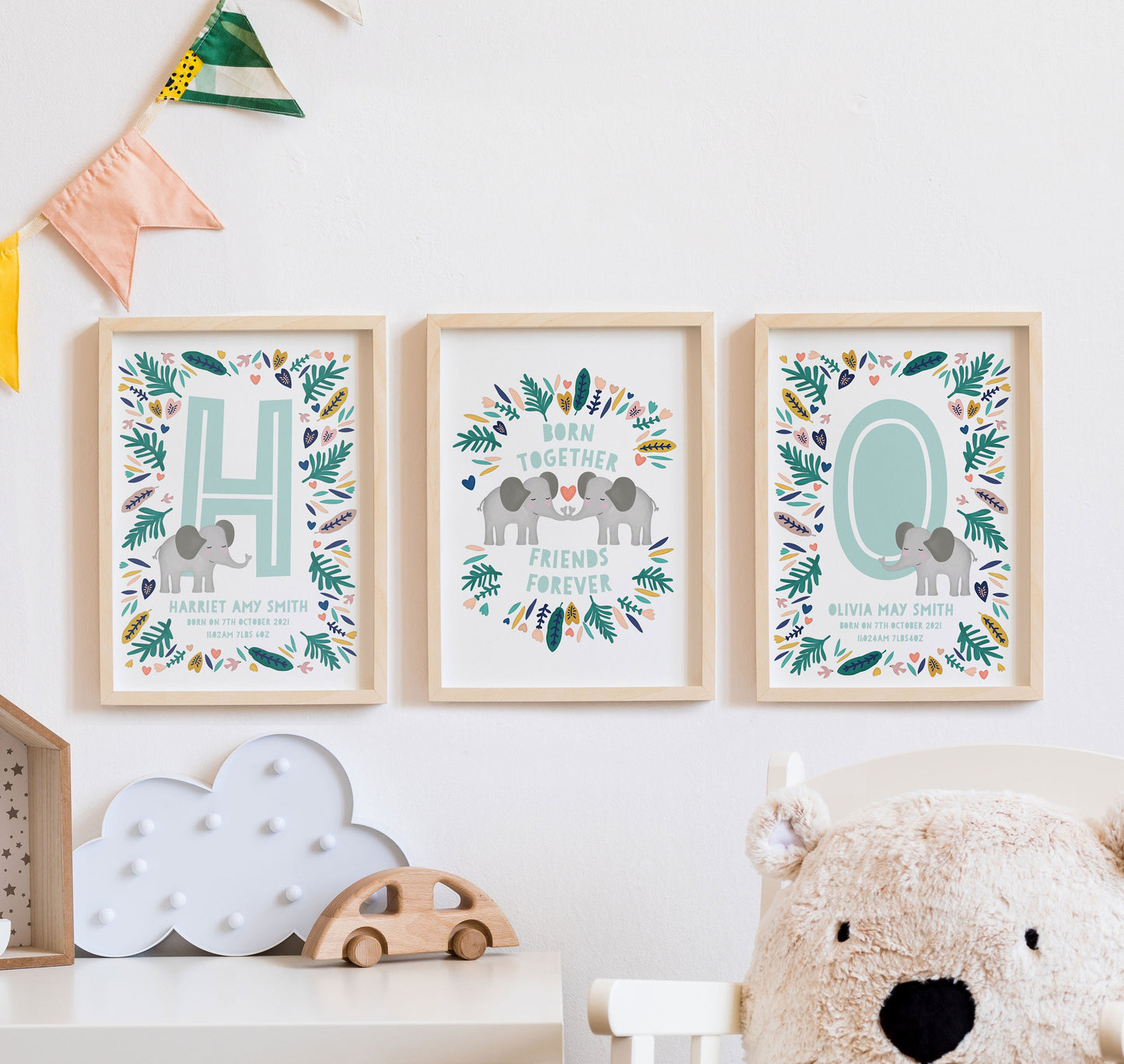 Twin Initial Print 3 Pack. Born Together Friends Forever Twin Print Bundle. Nursery Room Print Bundle. Cute Children's Room Print Bundle.