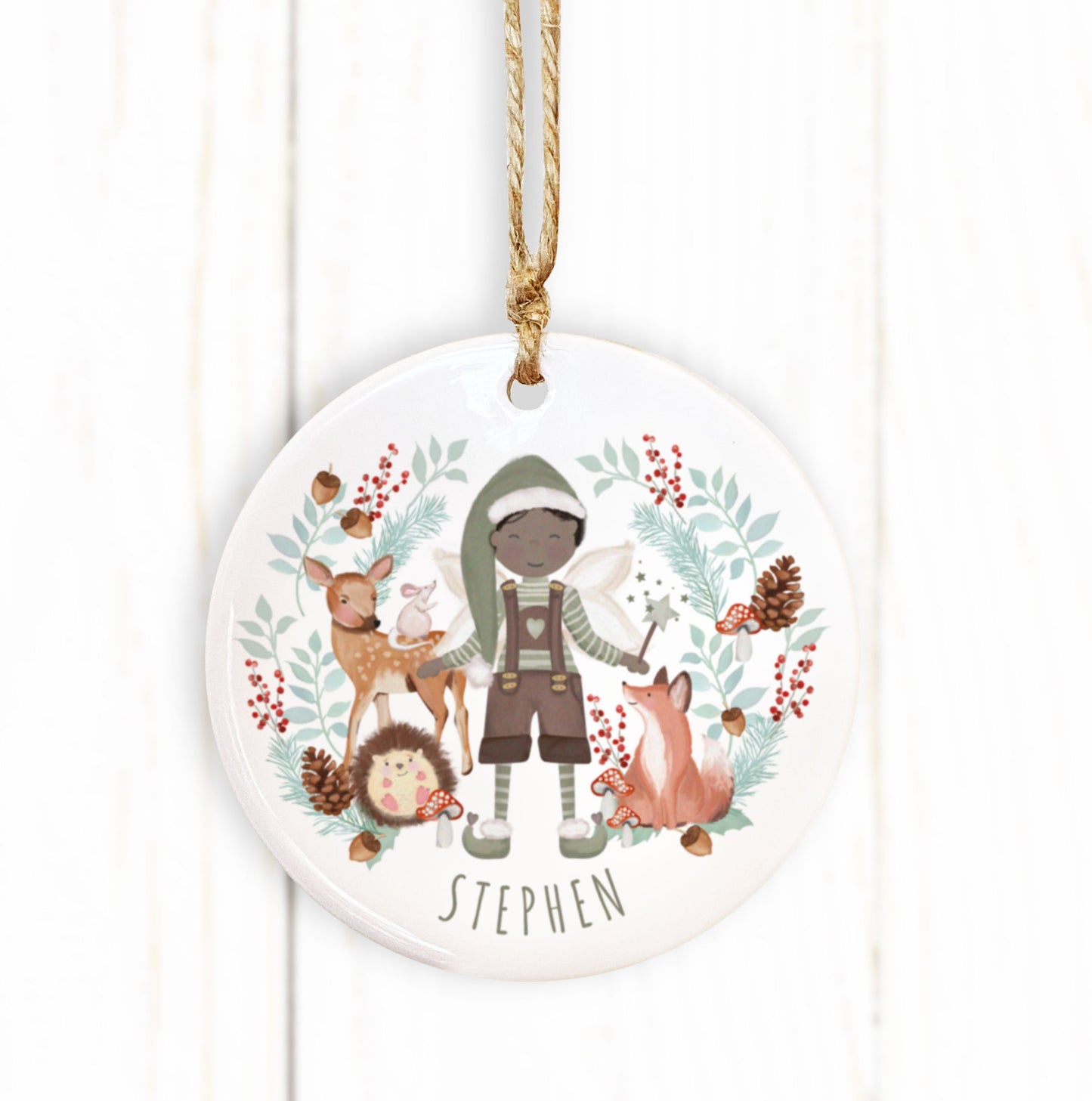 Personalised Woodland Christmas Elf Bauble. Any skin tone and hair colour Elf. Personalised Christmas Tree Decoration.