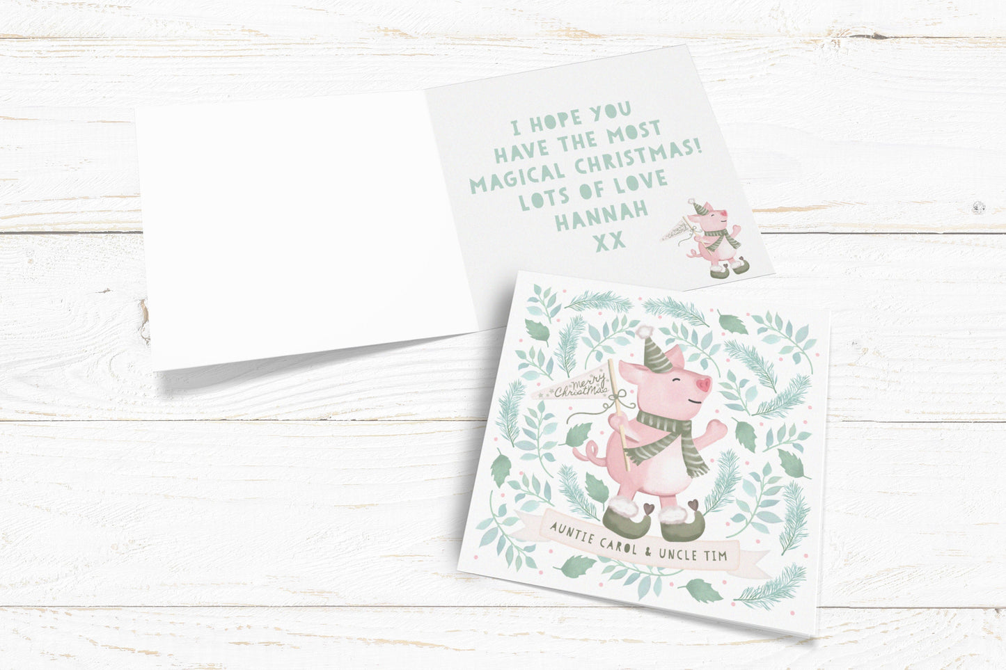 Christmas Pig Personalised Christmas Card. Cute Christmas Pig. Cute piggy. Cute Christmas Card. Send Direct Option.