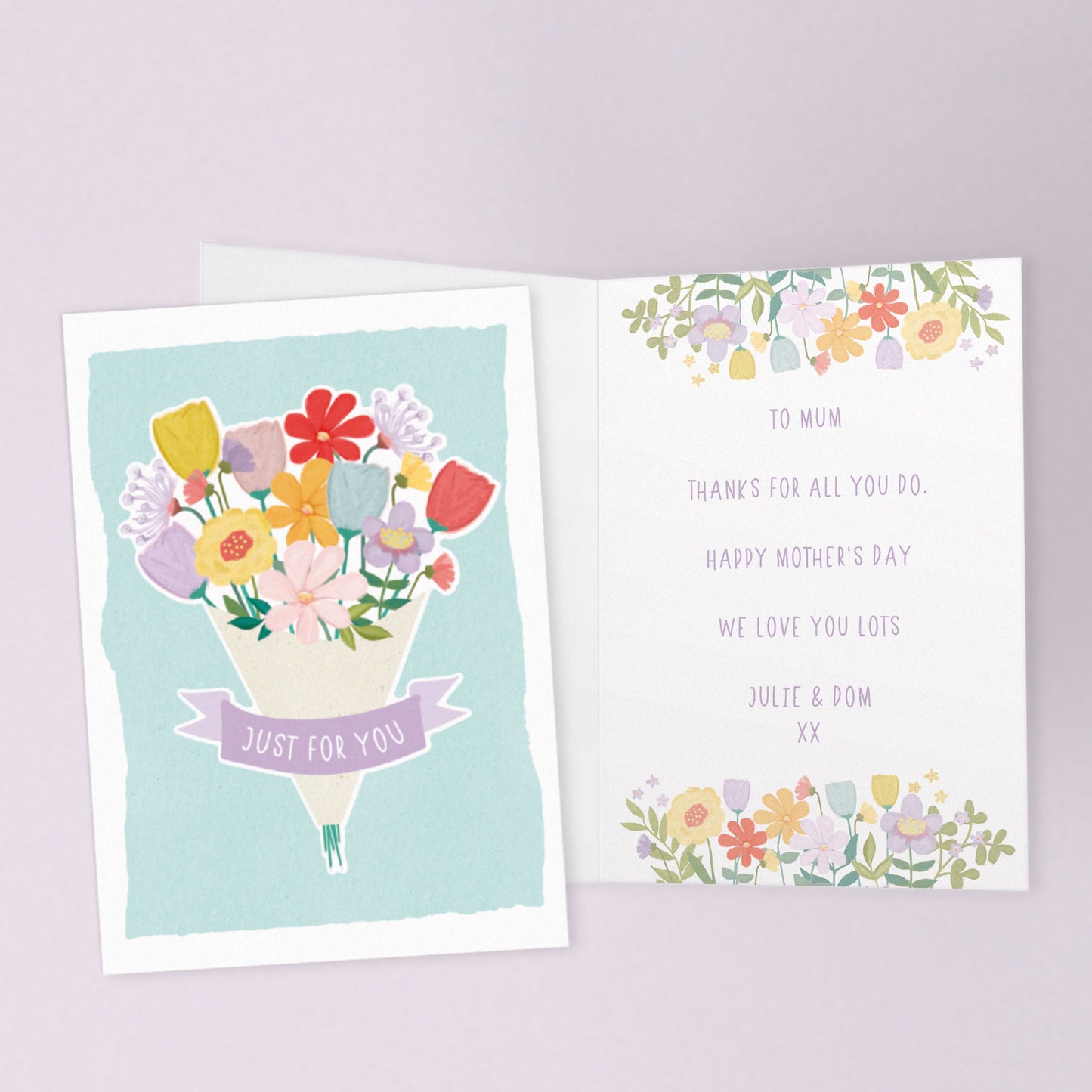 Just For You Flower Card. Floral Card. Personalised Mother's Day Card. Mum, Mummy, Grandma Card. Send Direct Option available.