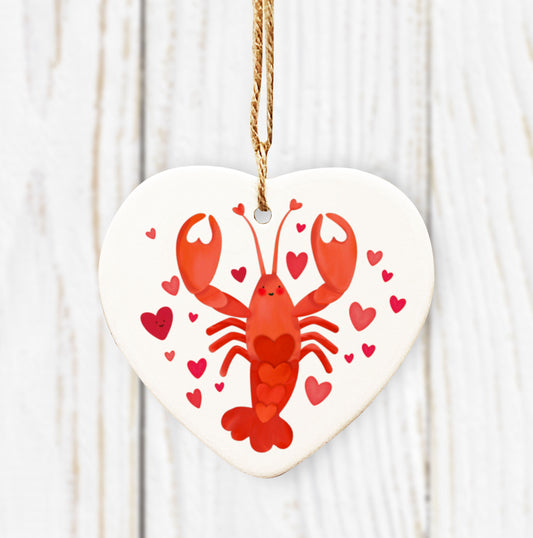 Lovely Lobster Ceramic Heart Ornament. Lobster Hanging Decoration. Cute lobster gift. Cute Valentine's gift.