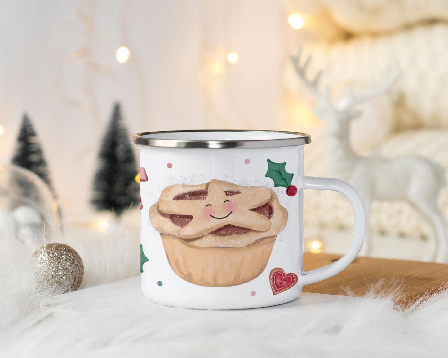 Cute Christmas Single Enamel Mug. Personalised Cup. Choose from: Biscuit, Pudding, Gingerbread Man, Mince Pie, Sprout or Pig in Blanket.