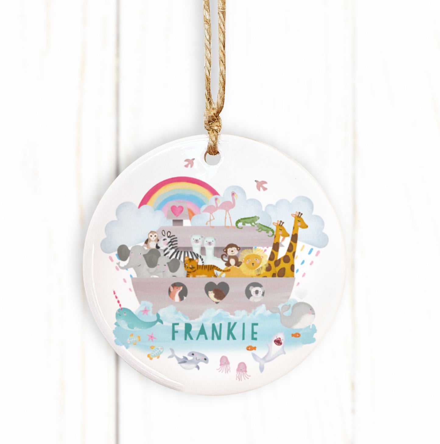 Personalised Noah's Ark Ceramic Ornament. New baby gift. Christening gift, 1st Birthday, Naming day personalised keepsake.