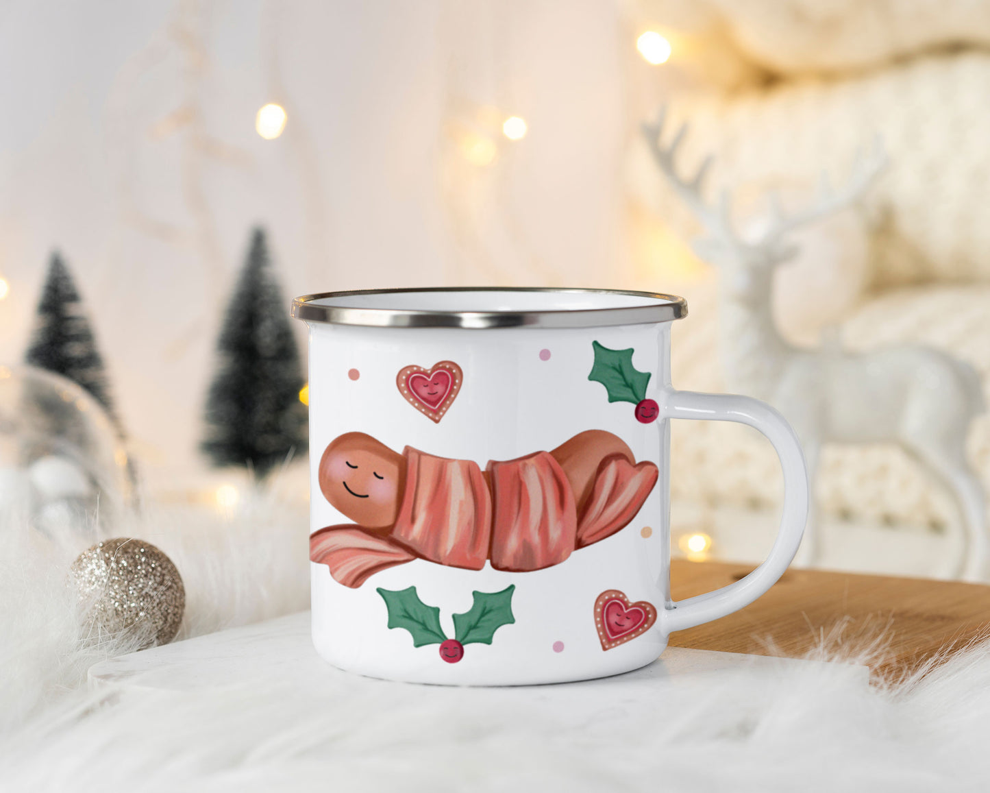 Cute Christmas Single Enamel Mug. Personalised Cup. Choose from: Biscuit, Pudding, Gingerbread Man, Mince Pie, Sprout or Pig in Blanket.