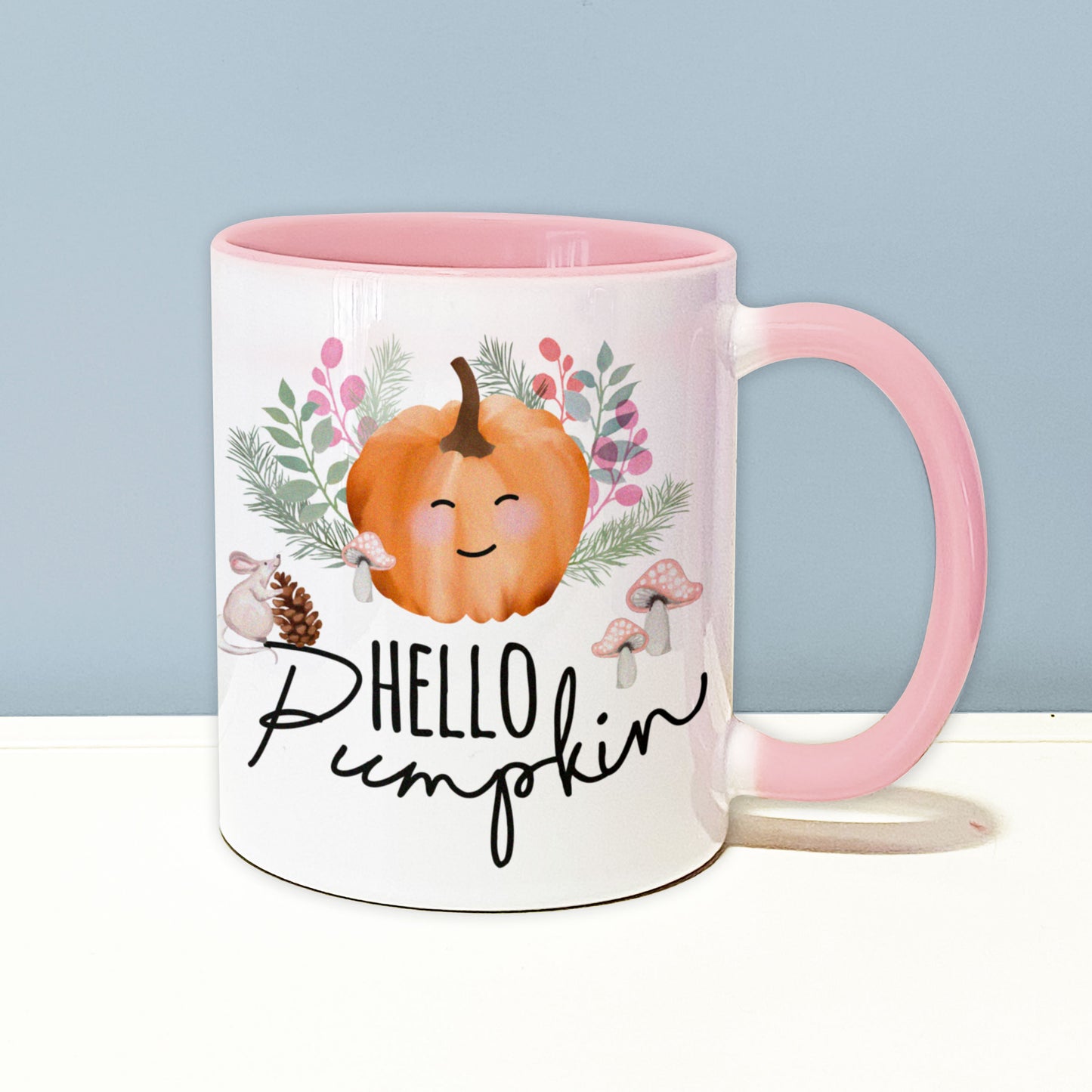 Pretty Pumpkin Personalised Mug. Halloween mug. Cute pink handle mug. Personalised ceramic mug. Hello Pumpkin Mug.