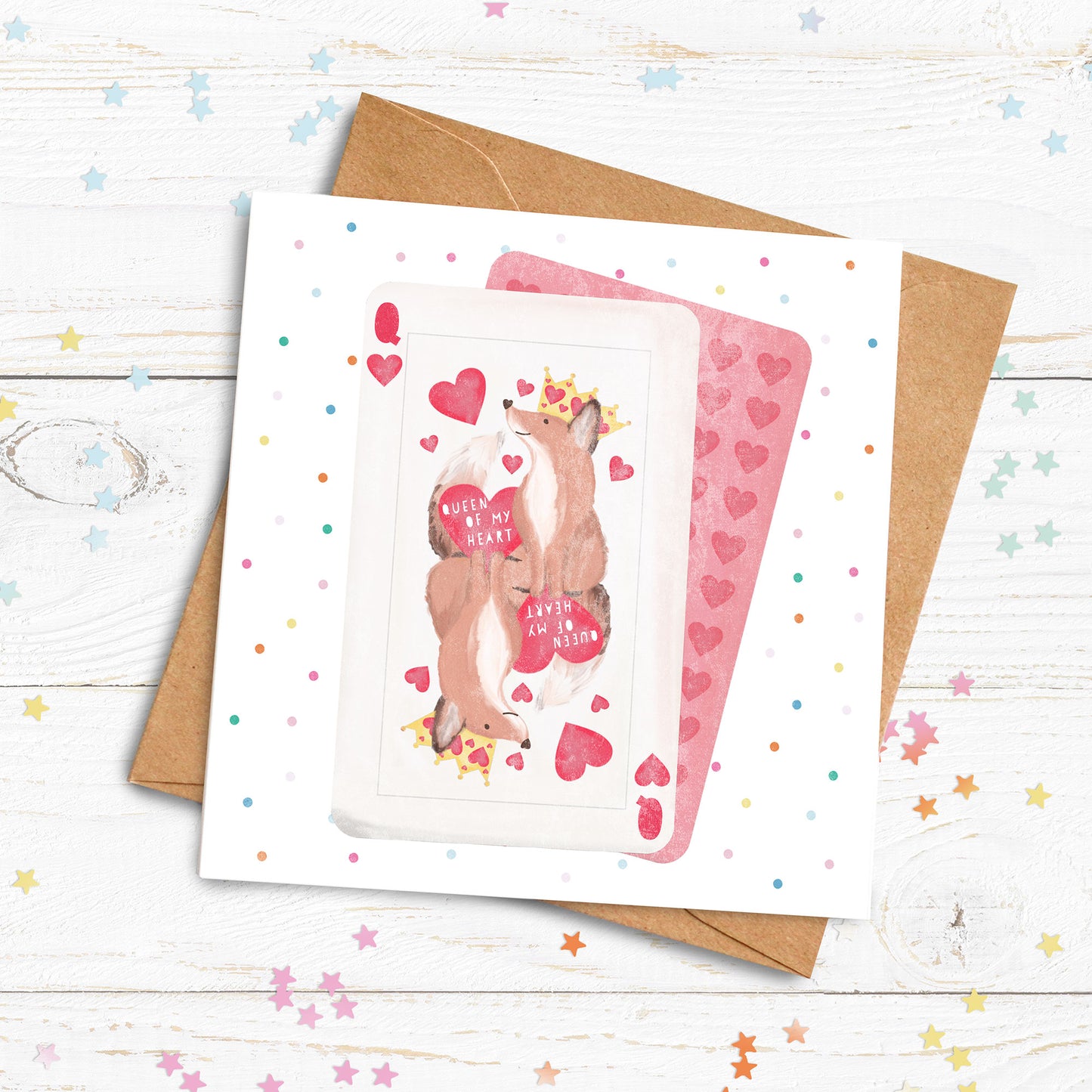 Queen of My Heart Fox Personalised Card. Cute Valentine's Card. Playing card design card. Send Direct Option.