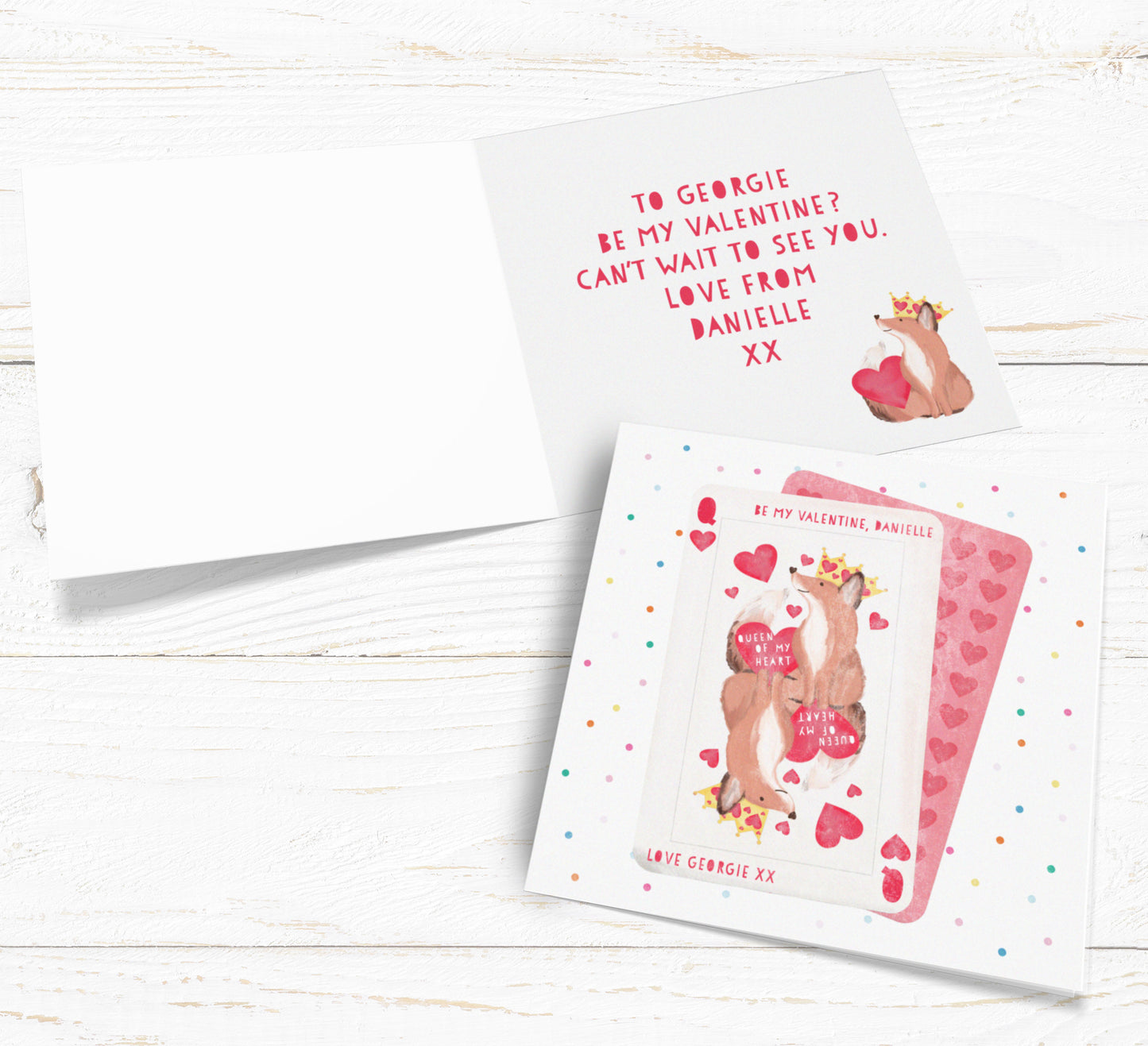 Queen of My Heart Fox Personalised Card. Cute Valentine's Card. Playing card design card. Send Direct Option.