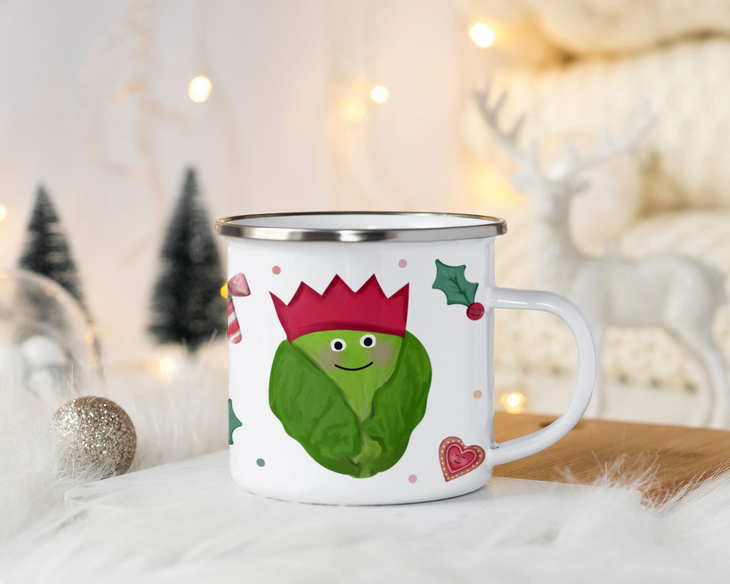 Cute Christmas Single Enamel Mug. Personalised Cup. Choose from: Biscuit, Pudding, Gingerbread Man, Mince Pie, Sprout or Pig in Blanket.