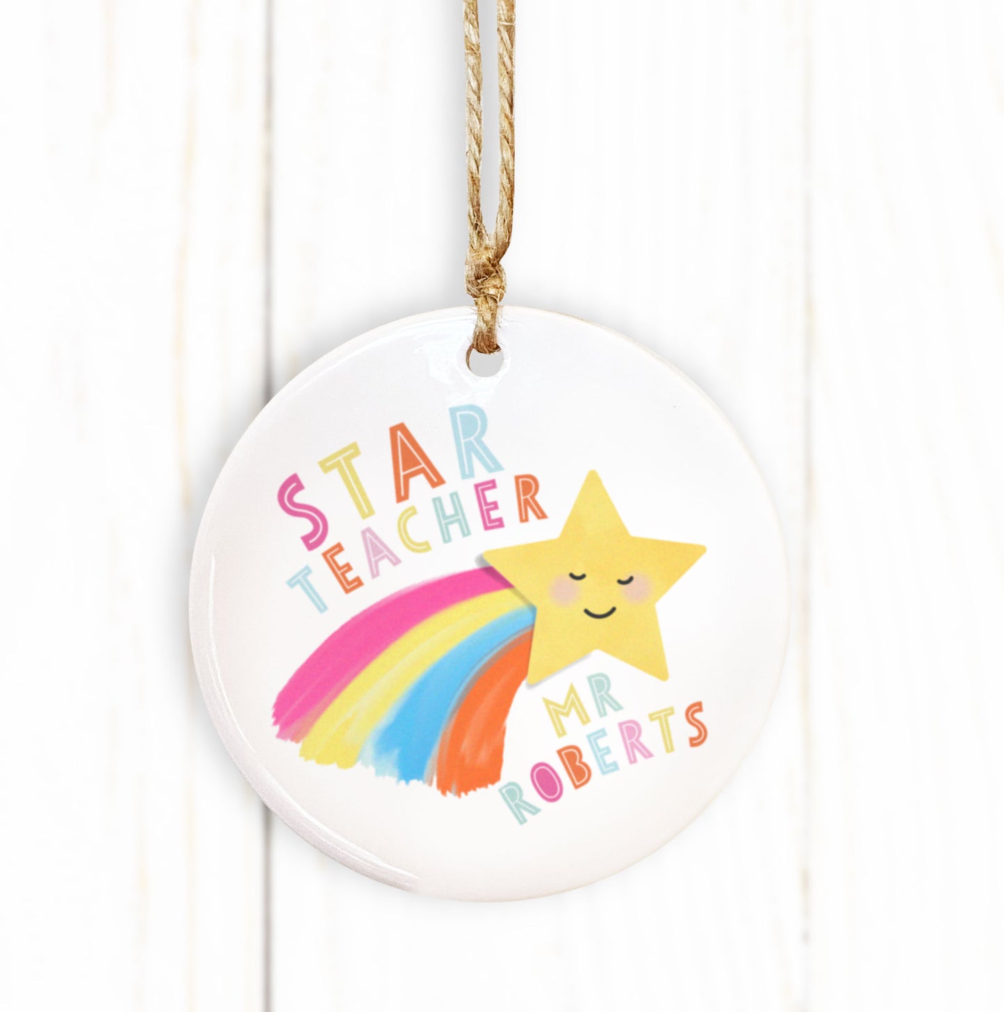 Star Teacher Personalised Round Ceramic Decoration. Personalised Teacher Gift. Thank you Teacher Gift. Lockdown Teacher Gift.