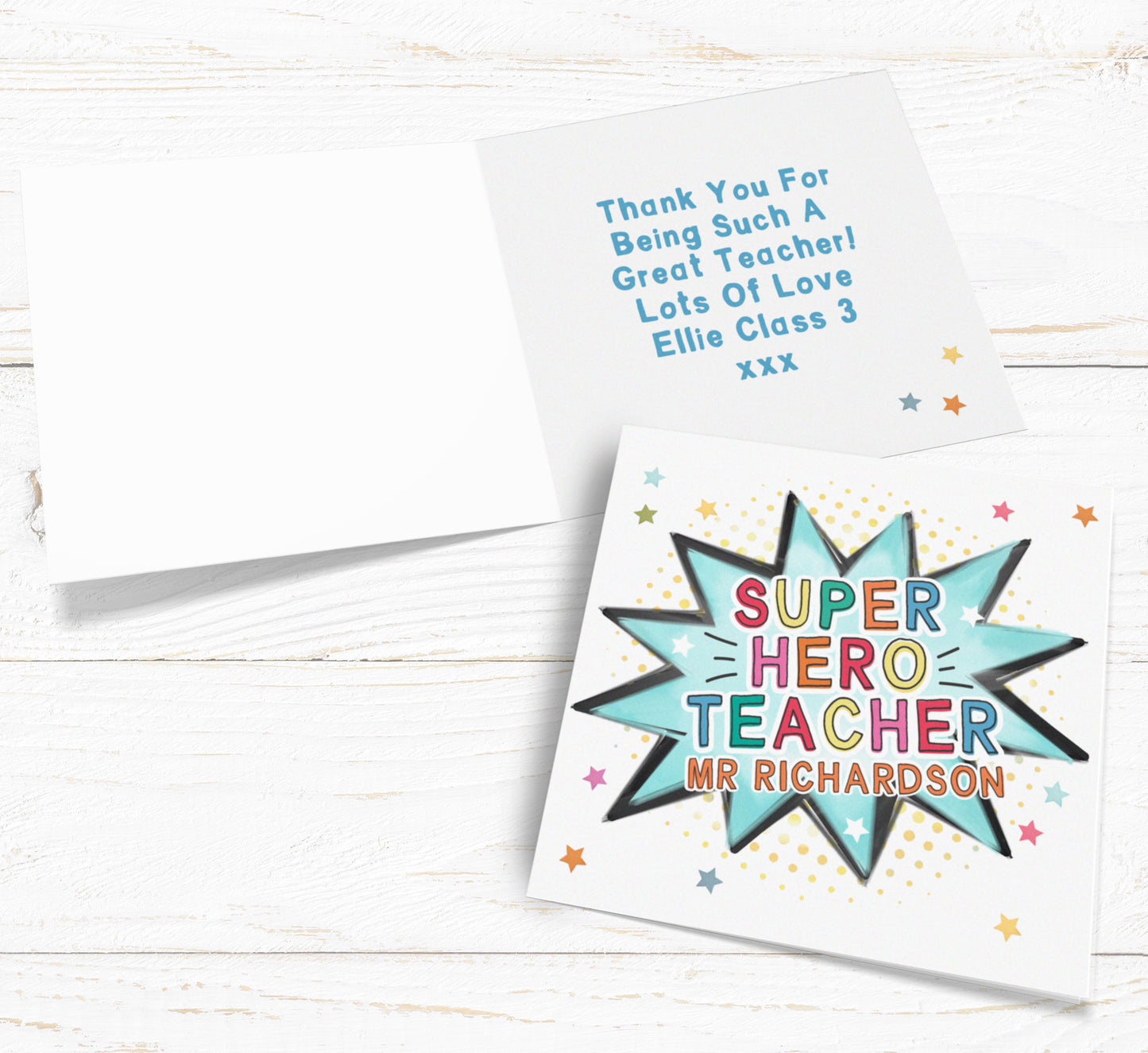 Super Hero Teacher Card. Personalised Teacher Card. Teaching Assistant Card. Personalised Super Hero Card. Send Direct Option.