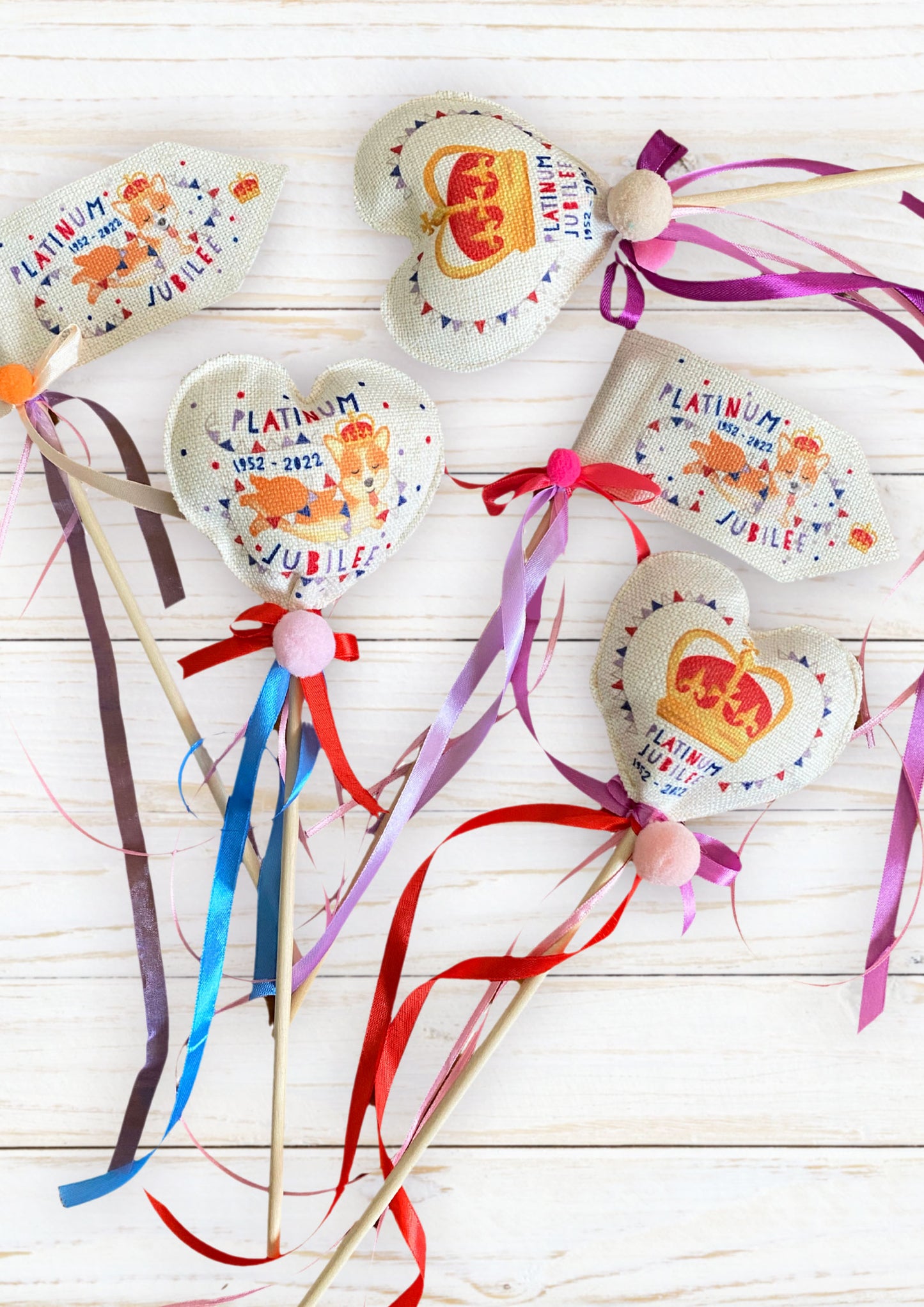 Platinum Jubilee Corgi Wands and Flags. Queen's Platinum Jubilee Decoration.