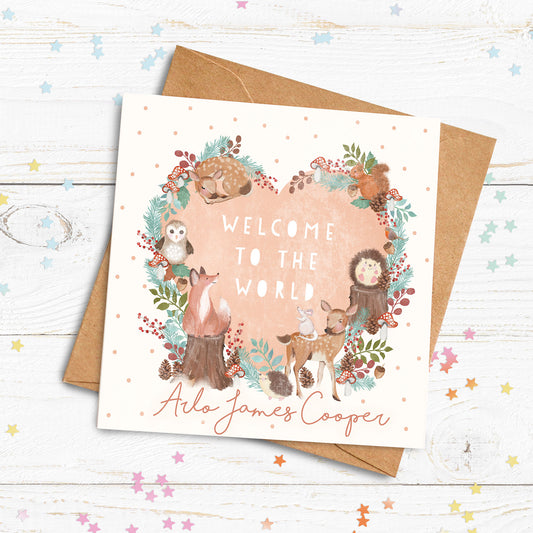 Personalised Welcome to the World Woodland Heart Card. New Baby Card. Cute Woodland Card. Send Direct Option.