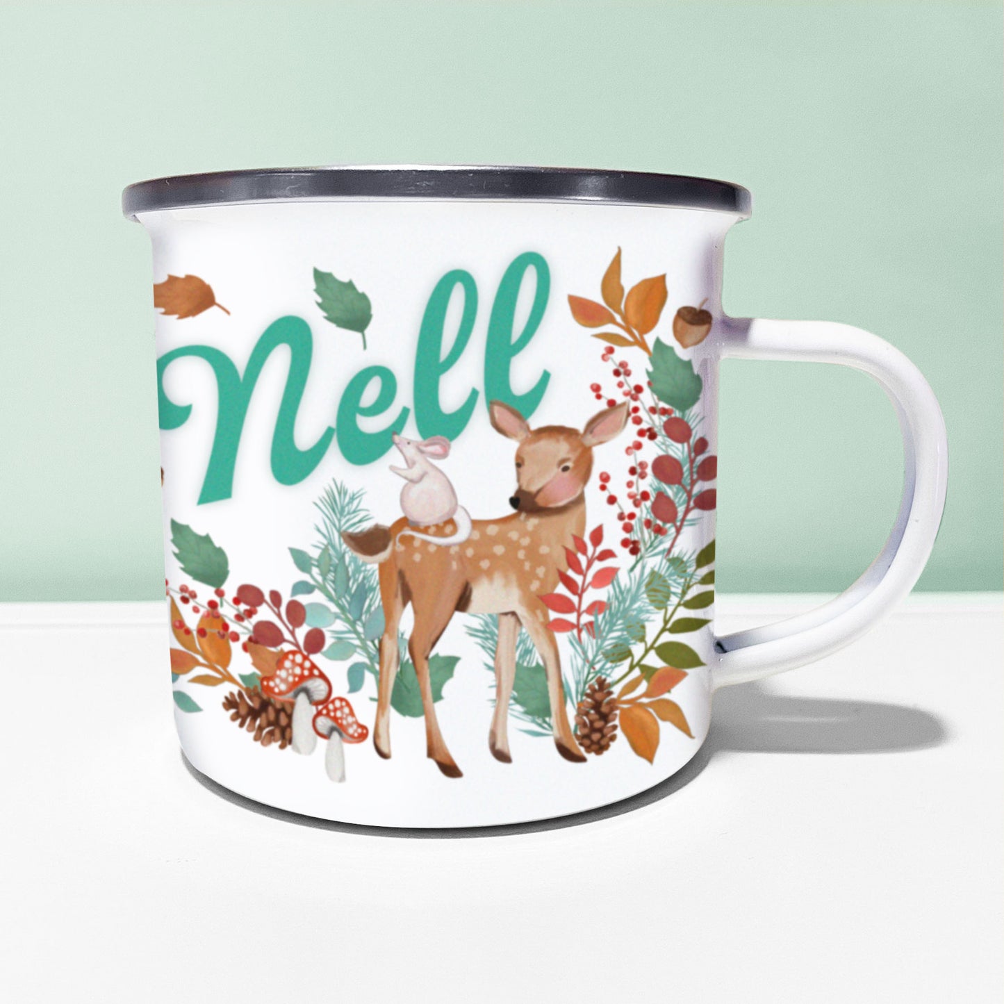 Personalised Woodland Animals Enamel Mug. Personalised Camping cup. Cute Animal Mug.